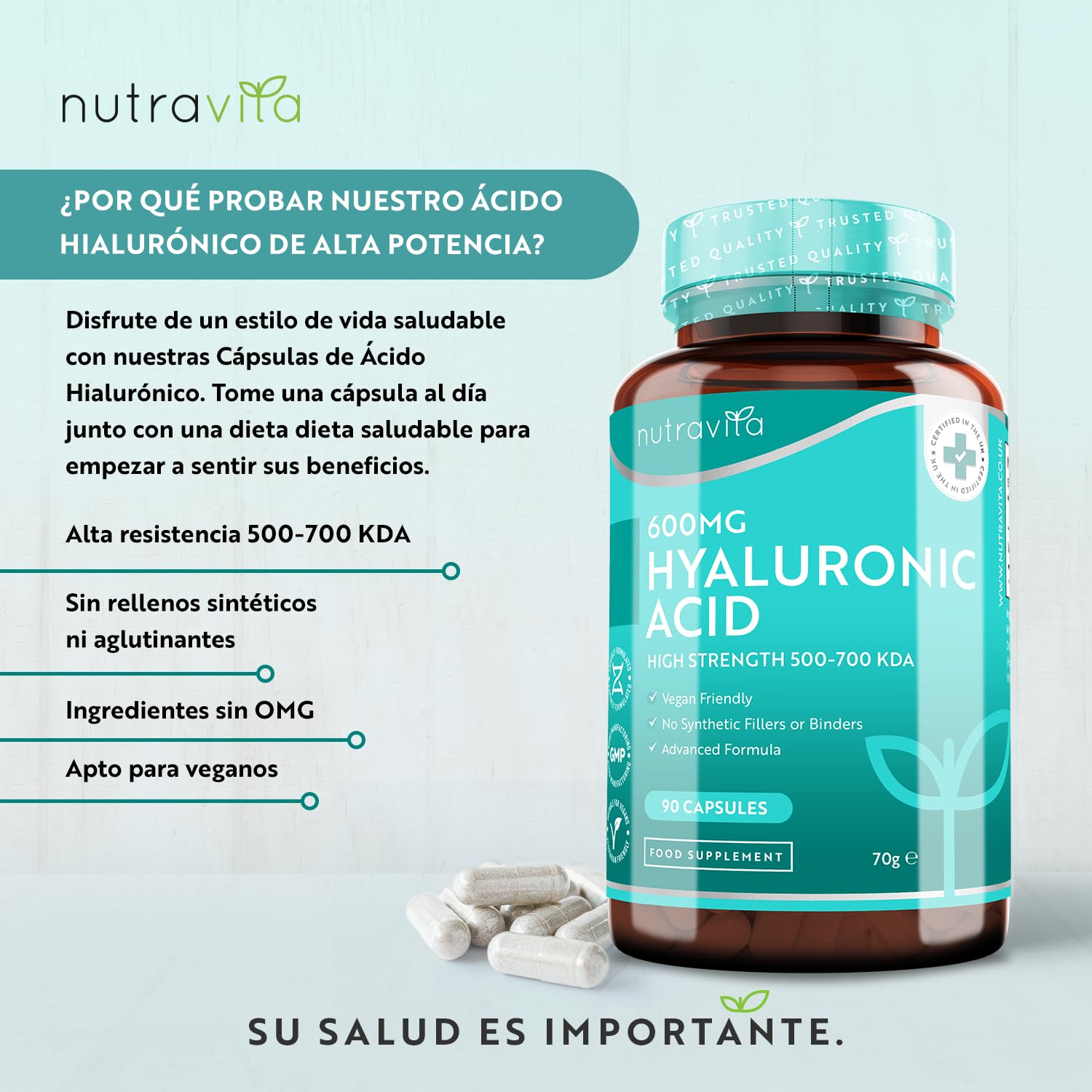 Nutravita Cápsulas de ácido hialurónico - Suministro de 3 meses de cápsulas de ácido hialurónico de 600 mg - Dosis alta con 500-700 KDA - Sin OGM sin rellenos ni aglutinantes sintéticos