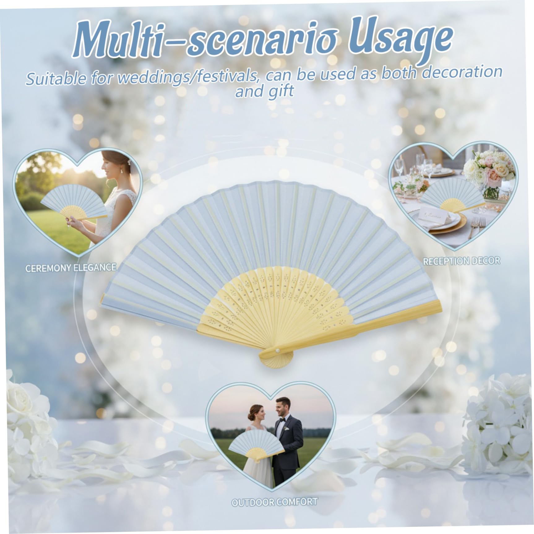 Chinesischer Faltfächer – 20er-Pack Hochzeitsfächer für Gäste mit Seidenstoff, traditionelle Faltbare Handfächer 8, 3 Zoll Bambus (Hellblau)