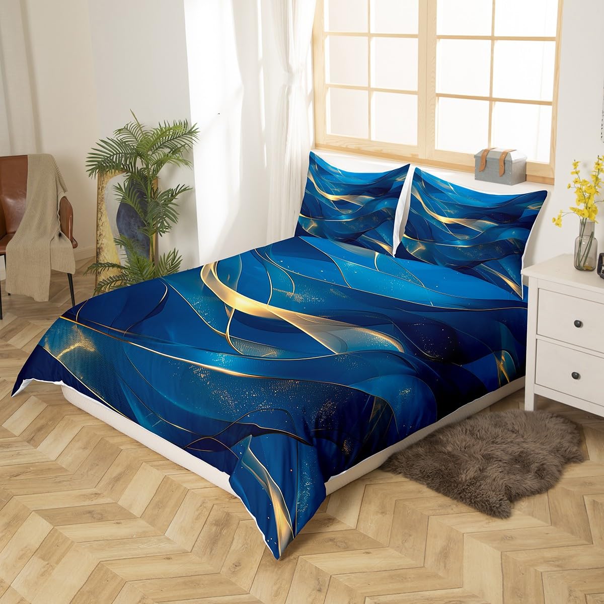 Homewish Housse de Couette 220x240 Bleu Marine et Or, Parure de Lit Enfant Adulte Imprimée Esthétique Abstraite du Marbre, Sets de Housses de Couettes Abstrait Aquarelle Couvre Lit Moderne