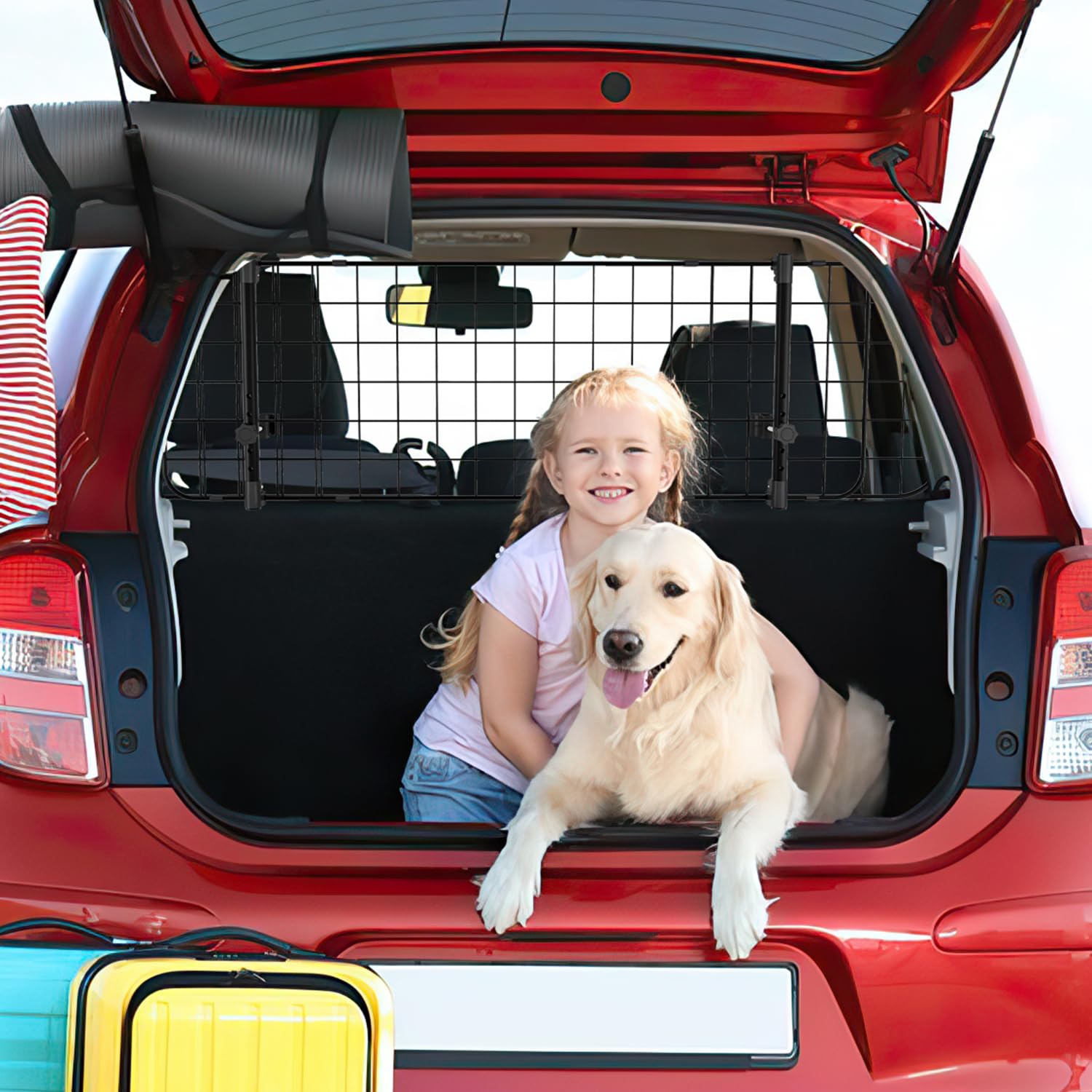 Herrselsam Grille de protection de voiture, pour chien, largeur réglable, grille de séparation pour coffre de chien, avec ceinture de sécurité, filet de voiture