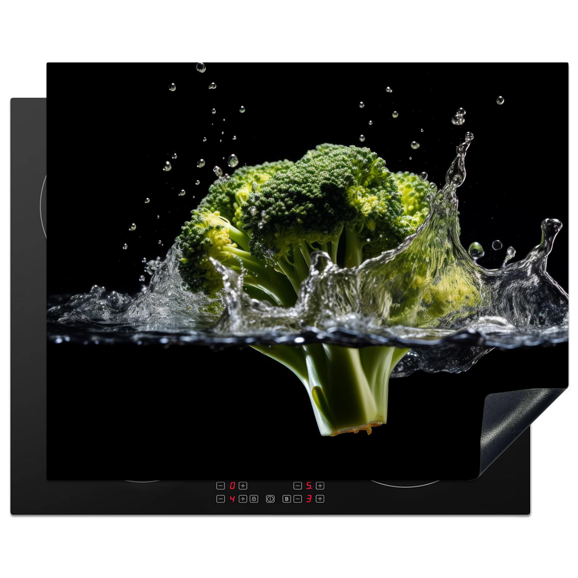 KitchenYeah© Herdabdeckplatte Einteilig Ceranfeld Abdeckplatte für Induktionsschutz Ceranfeldabdeckung Vinyl Herdabdeckplatten Brokkoli - Grün - Wasser - Schwarz - 65x52 cm