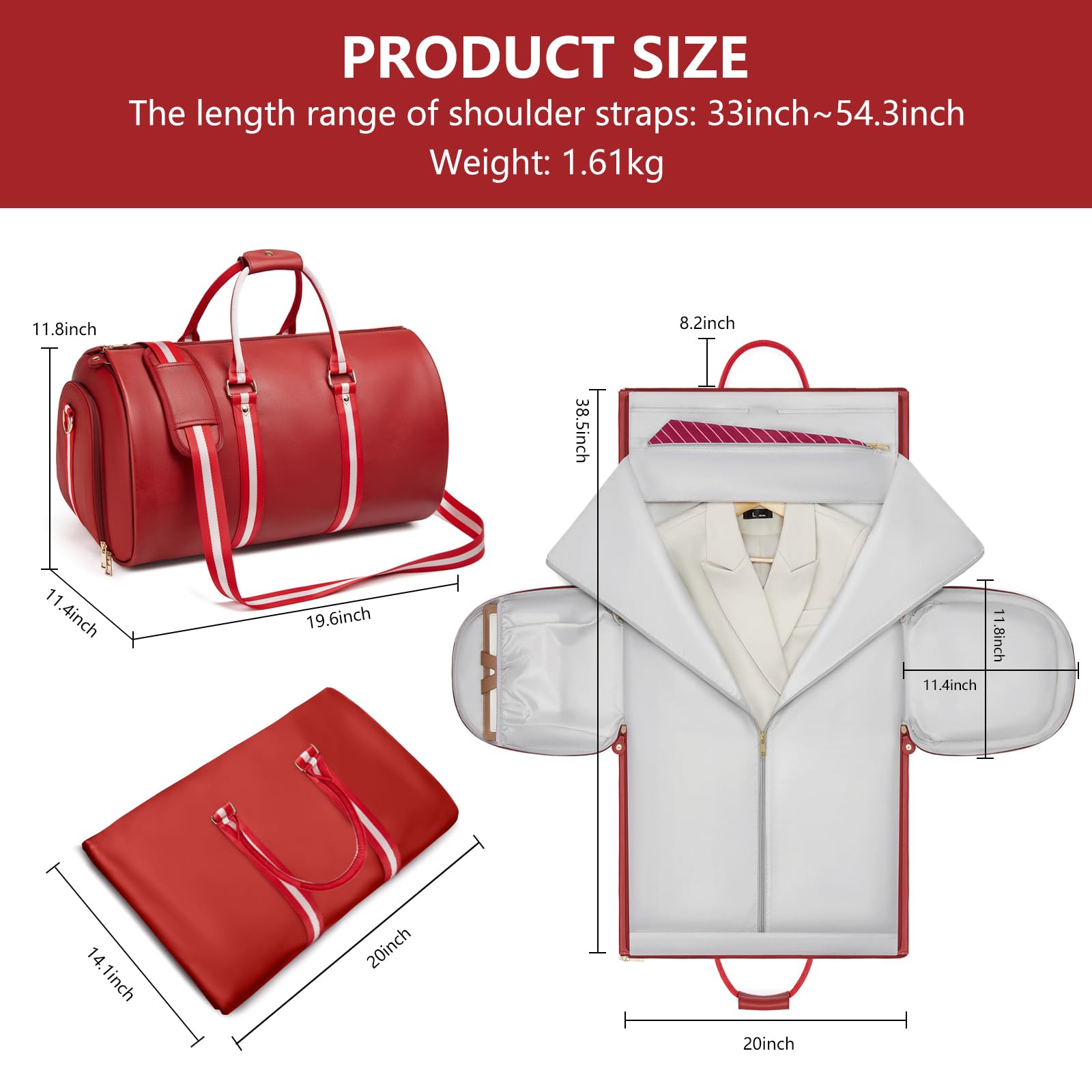 Kleidersäcke aus Leder für Reisen, wandelbare Handgepäcktasche für Herren, 2-in-1, wasserdicht, faltbar, Reisetasche mit Schultergurt, Wochenendtasche mit Schuhbeutel, rot (a), 20 * 11.5 * 12 inch