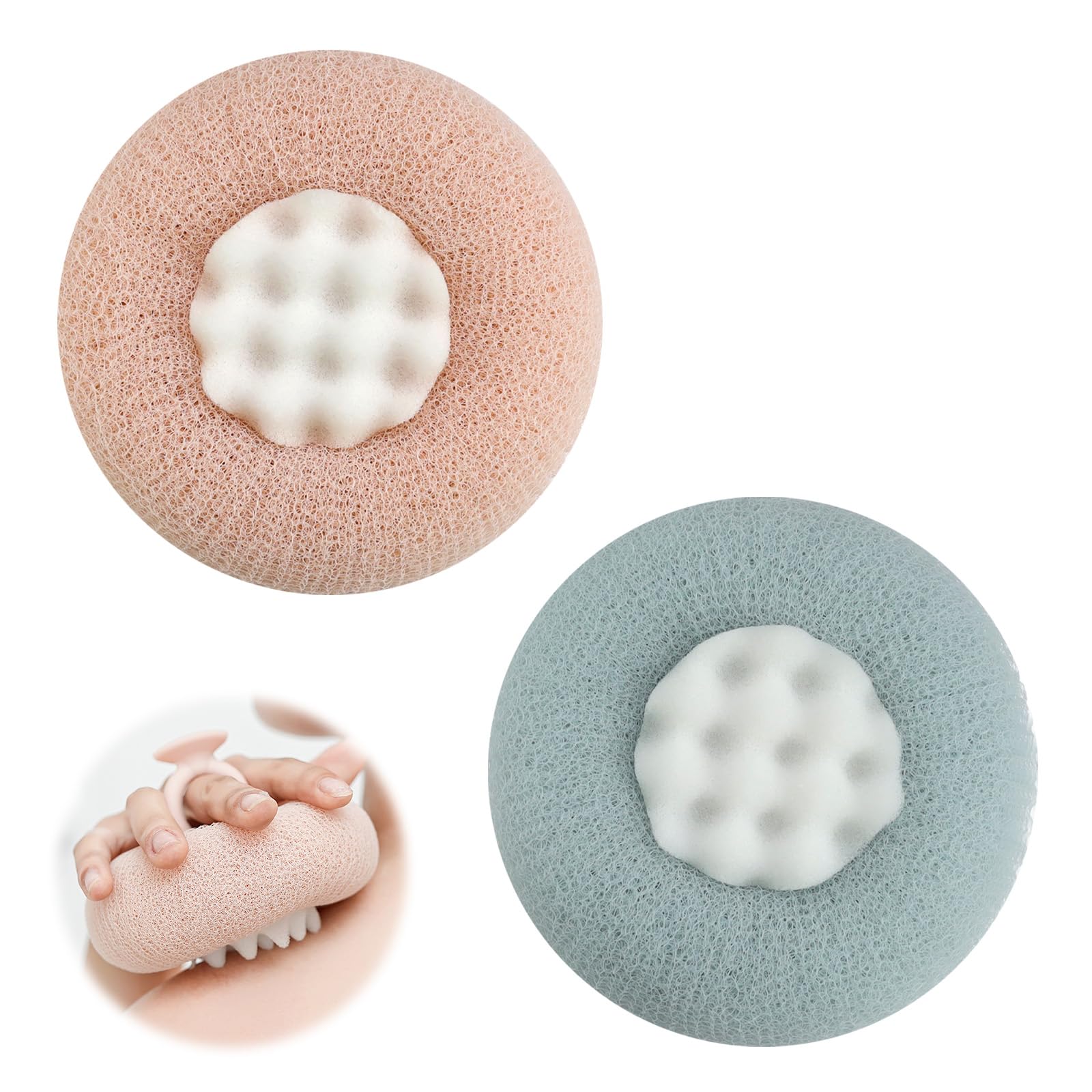 Esponja Exfoliante Corporal, DEANKEJI 2 Piezas Esponja Ducha, Esponja Baño con Ventosa, Cian y Rosa, Suave y Agradable para la Piel, Adecuada para Ducharse y Bañarse