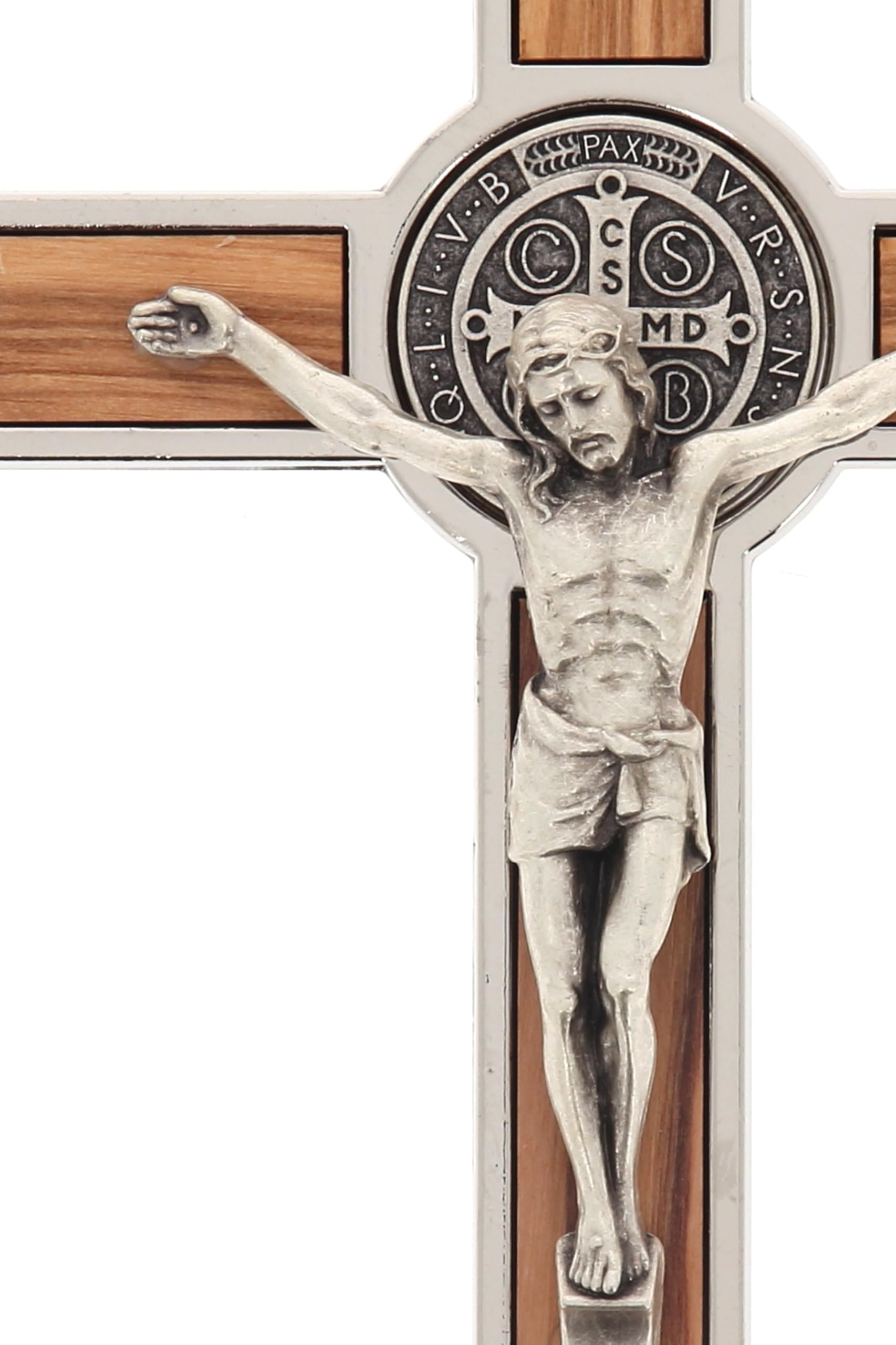 SHALOM - Crocifisso San Benedetto in Legno D'ulivo E Metallo. Altezza 20 Cm