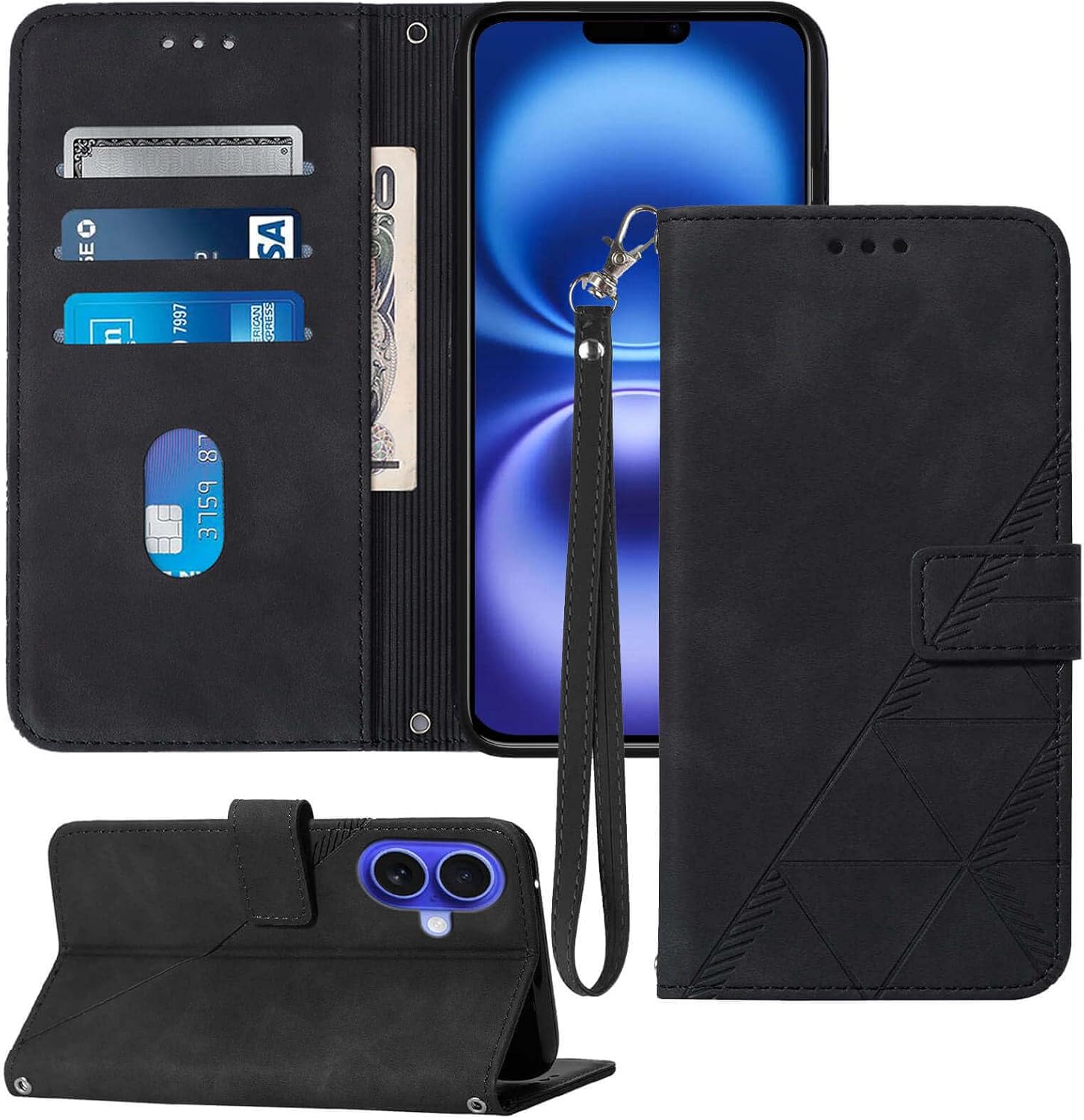 for iPhone 16 Wallet Case,Card Holder Slots Wrist Strap TPU Interior Protective,Stand PU Leather Folio Flip Cases Cover for iPhone 16 (2024) (Black)