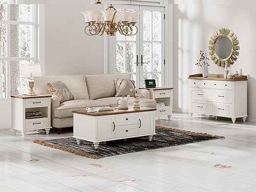 Miniatura 8 de WAMPAT Mesa auxiliar blanca con 2 cajones y estación de carga, mesita de noche moderna de mediados de siglo para dormitorio con tomas de corriente y