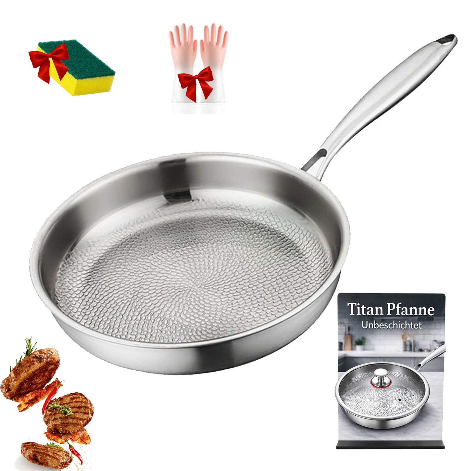 Generisch Patelnia z tytanu niepowlekana 20/24/26 cm z pokrywką, patelnia Titanium Pro, tytan młotowany (bez pokrywki, 20 cm)