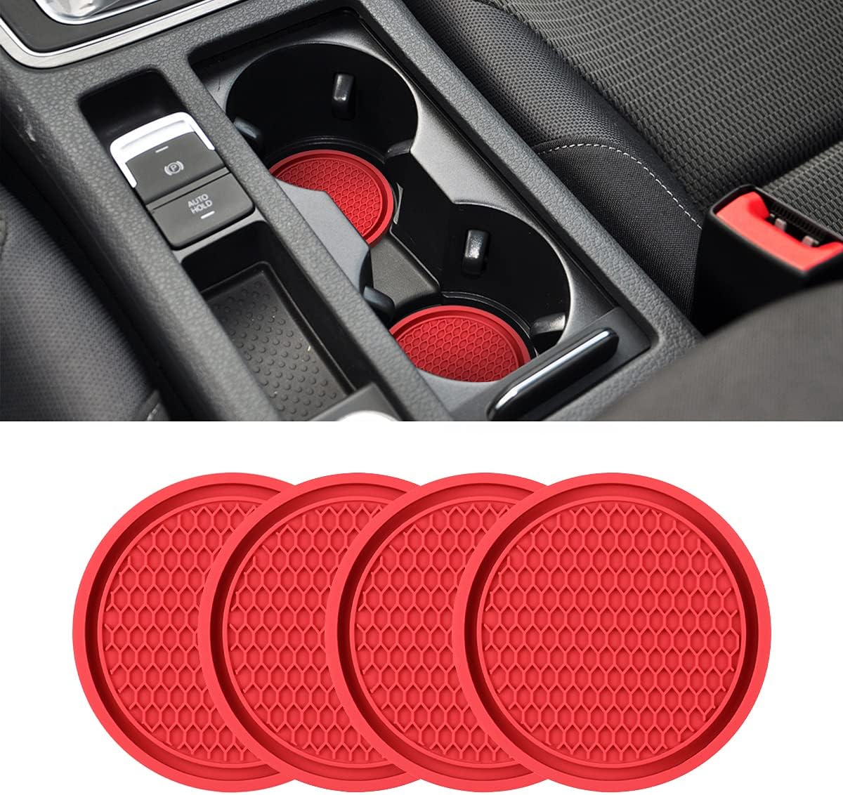 XINLIYA Car Cup Holder Coaster, 4 Pack 2.77 Inch Diameter Non-Slip Universal Insert Coaster, Durable, Suitable for Most Car Interior, Accessory for Women and Men (Red)