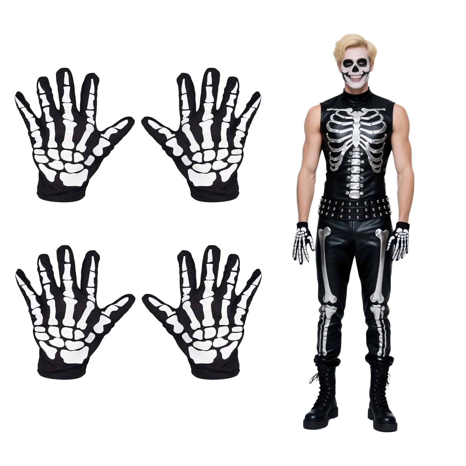 HUSHRICH 2Pairs Halloween Skeleton Gloves Adult Skeleton Full Finger Gloves