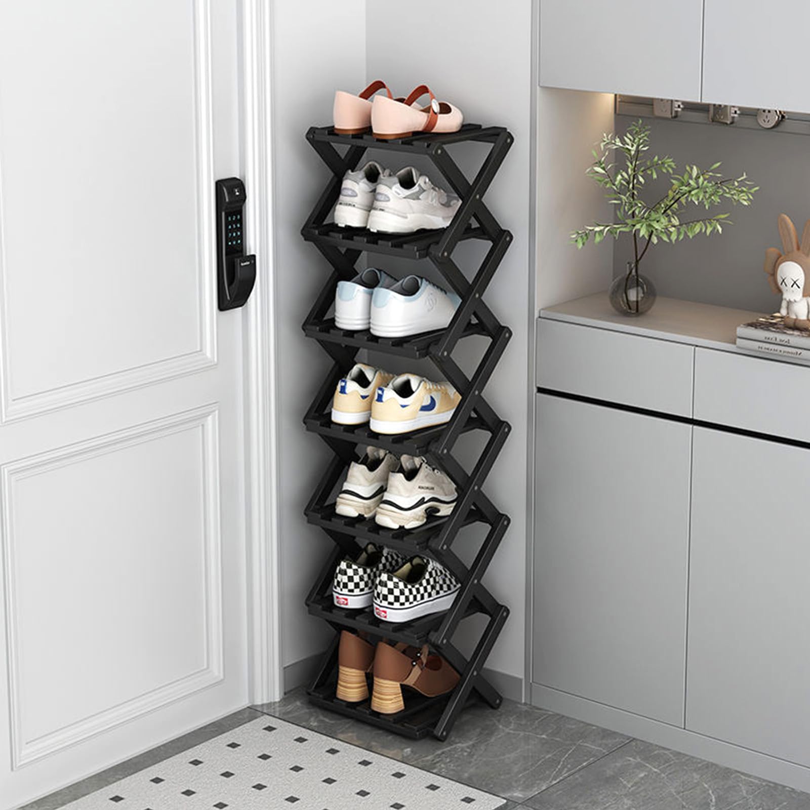 GIRYES Small Shoe Rack Black, 7 Tier Bamboo Foldable Shoes Organizer Free Standing Shelf for Entryway, Bedrooms, Closet, Living Room Corner | No Installation Required