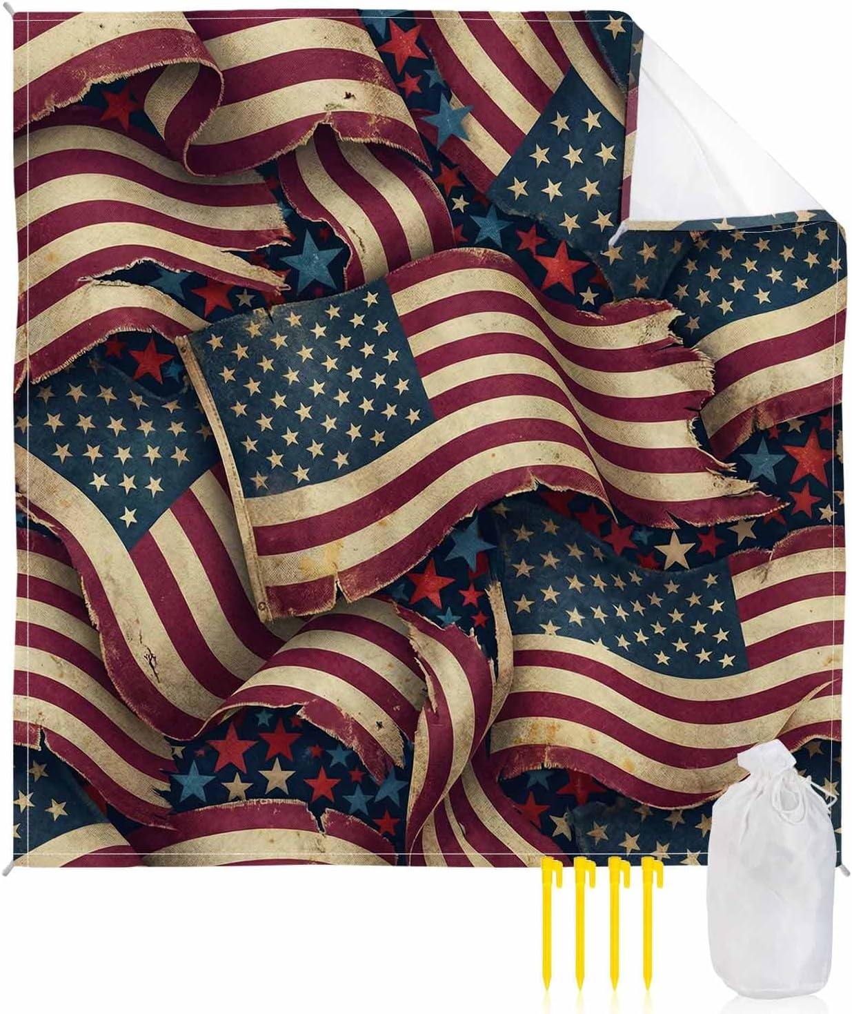 Independence Day American Red White Stripe Beach Blanket Waterproof Outdoor Picnic Mat 95"x80" Stars on Blue Lightweight Large Beaach Blankets with 4 Stake & 4 Corner Pockets
