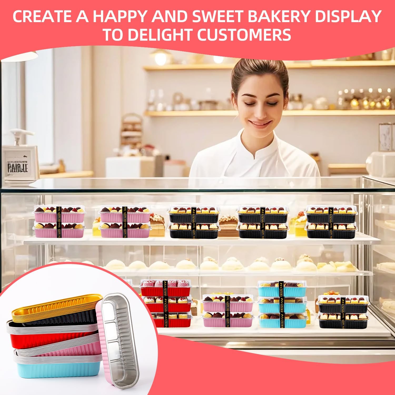 Mini Loaf Pans with Lids and Spoons Sealing Sticker,120 Pcs 6.8oz Cake Pans for Baking Disposable Aluminum Foil Christmas Cake Pan (mixed) - Image 5