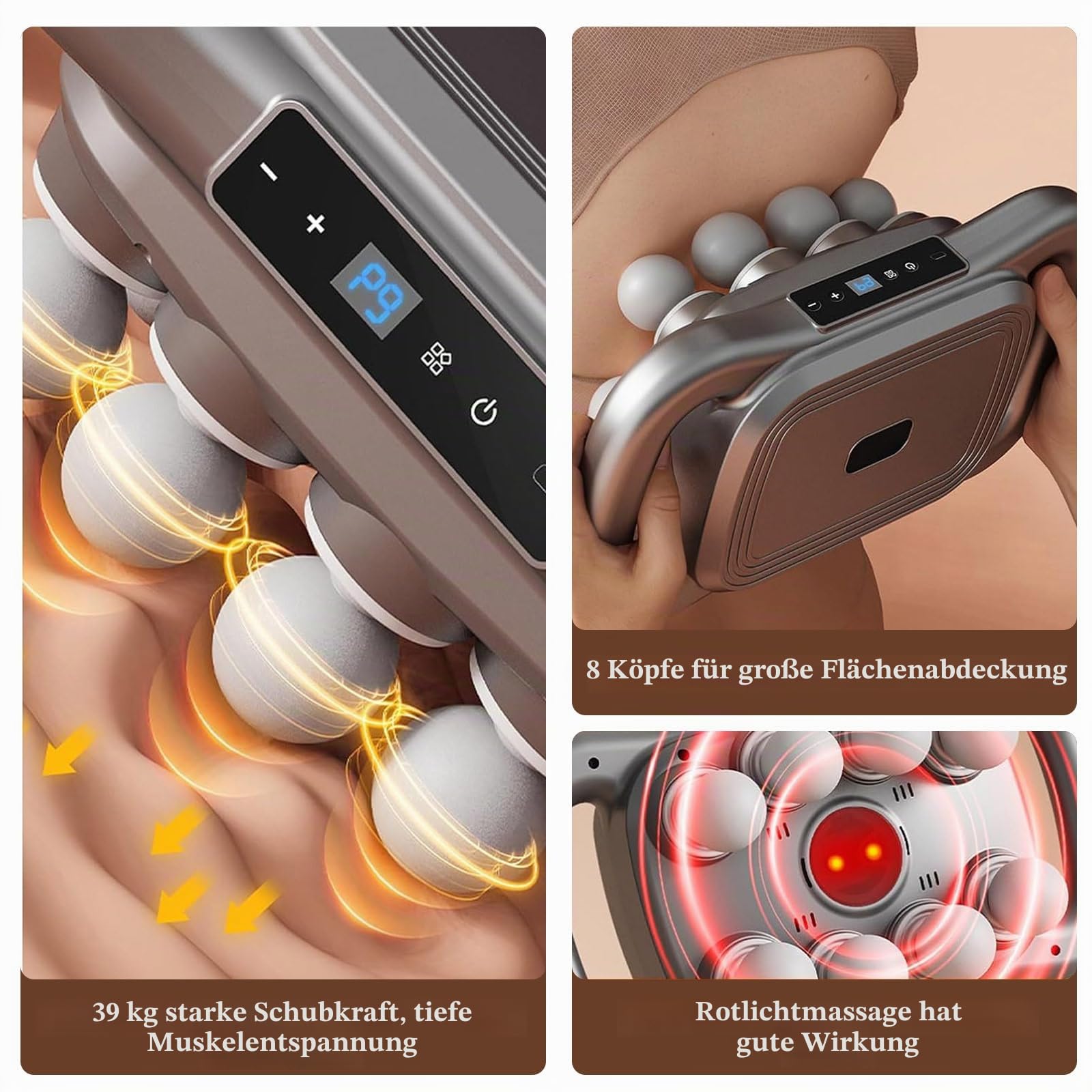 8/16 Köpfe Massagepistole Tiefengewebe, 3 Modi 30 Geschwindigkeiten Muskelmassagepistole, Typ-C Aufladen Elektrische Handmassagegeräte, für Home Office Workout Ganzkörper-Muskelmassage (grau-8 Köpfe)