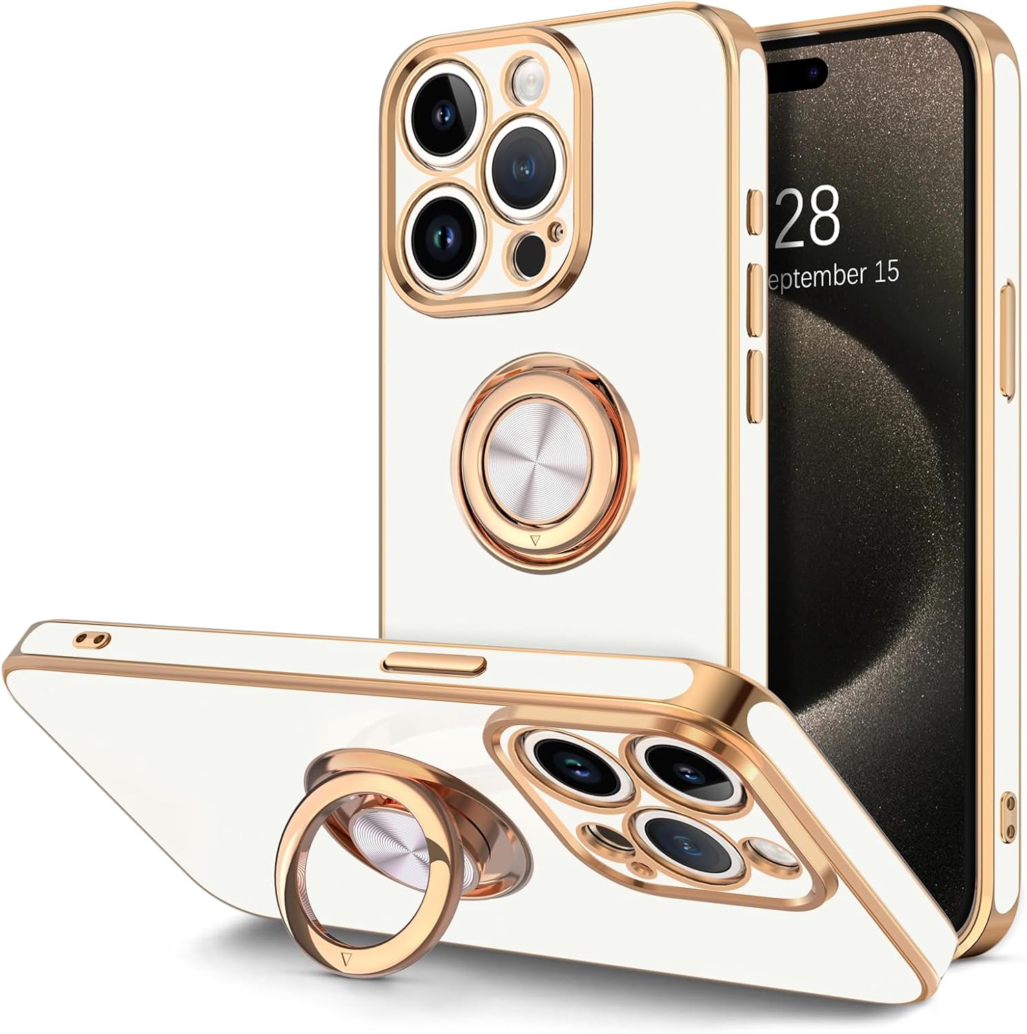 Hython for iPhone 15 Pro Max Case with Ring Stand, 360° Rotatable Ring Holder Magnetic Kickstand, Plating Rose Gold Edge Soft Cover Protective Phone Case for iPhone 15 Pro Max 6.7", White