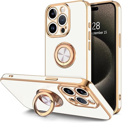 Hython Funda para iPhone 15 Pro Max con soporte de anillo, soporte de anillo giratorio de 360, soporte magnético, chapado en oro rosa, cubierta