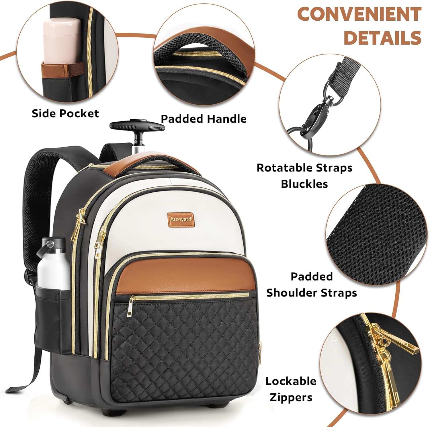 Small Rolling Backpack for Women, Lightweight Travel Backpack with Wheels, Roller Backpacks for Adults, Water Resistant Rolling Laptop Bag, Wheeled Underseat Carry On Luggage, Beige Brown - Image 3