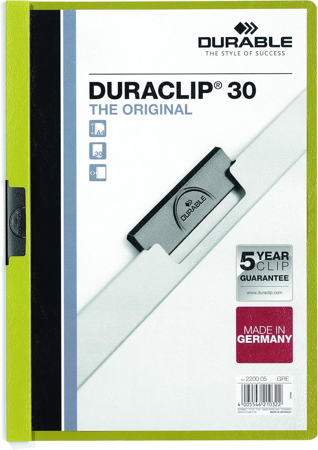 Chemise de présentation Duraclip 30 Durable verte sans perforation