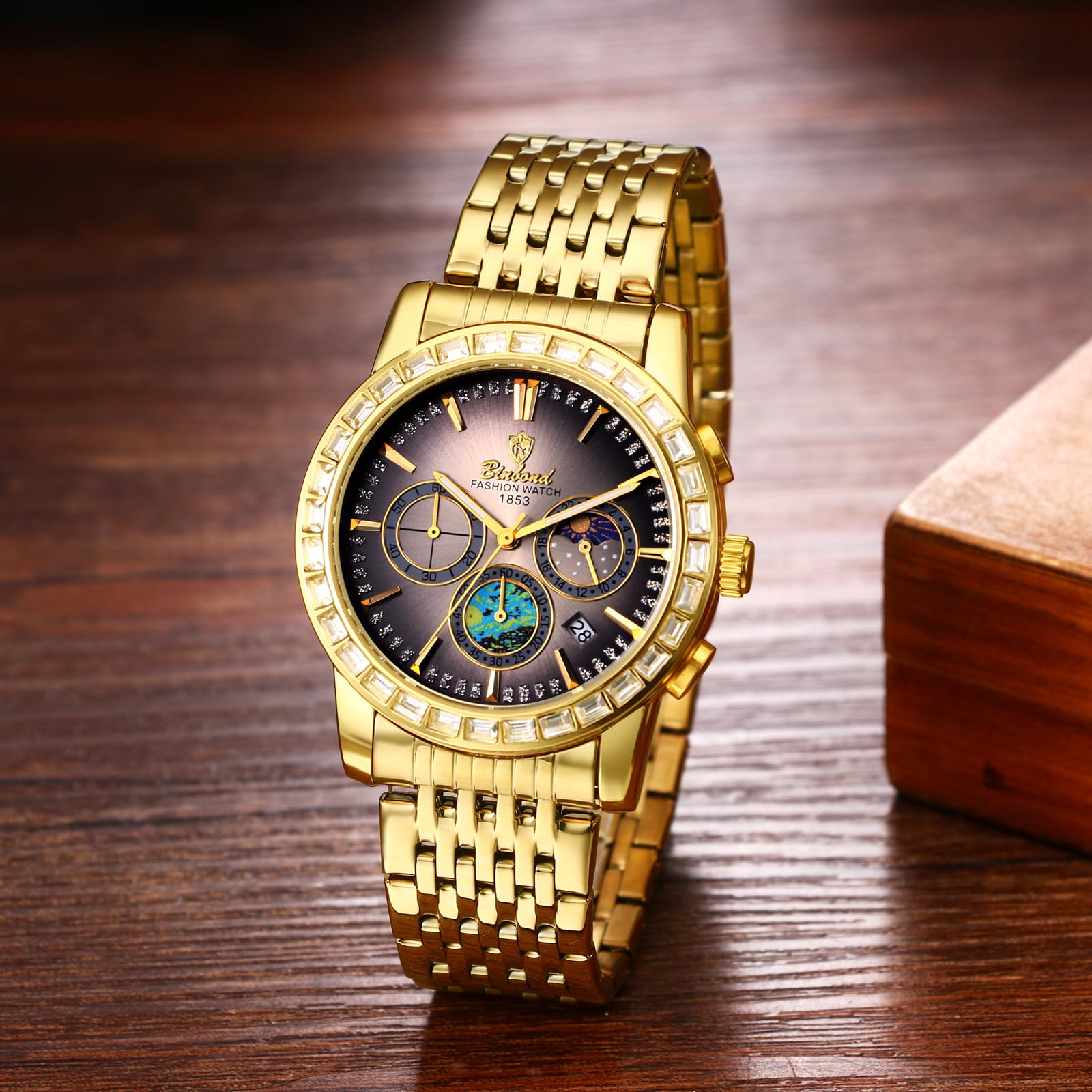 JewelryWe Orologio Quadrantini Impermeabili da Uomo: Orologio da Polso con Calendario con Zirconi Lucidi in Acciaio Inossidabile