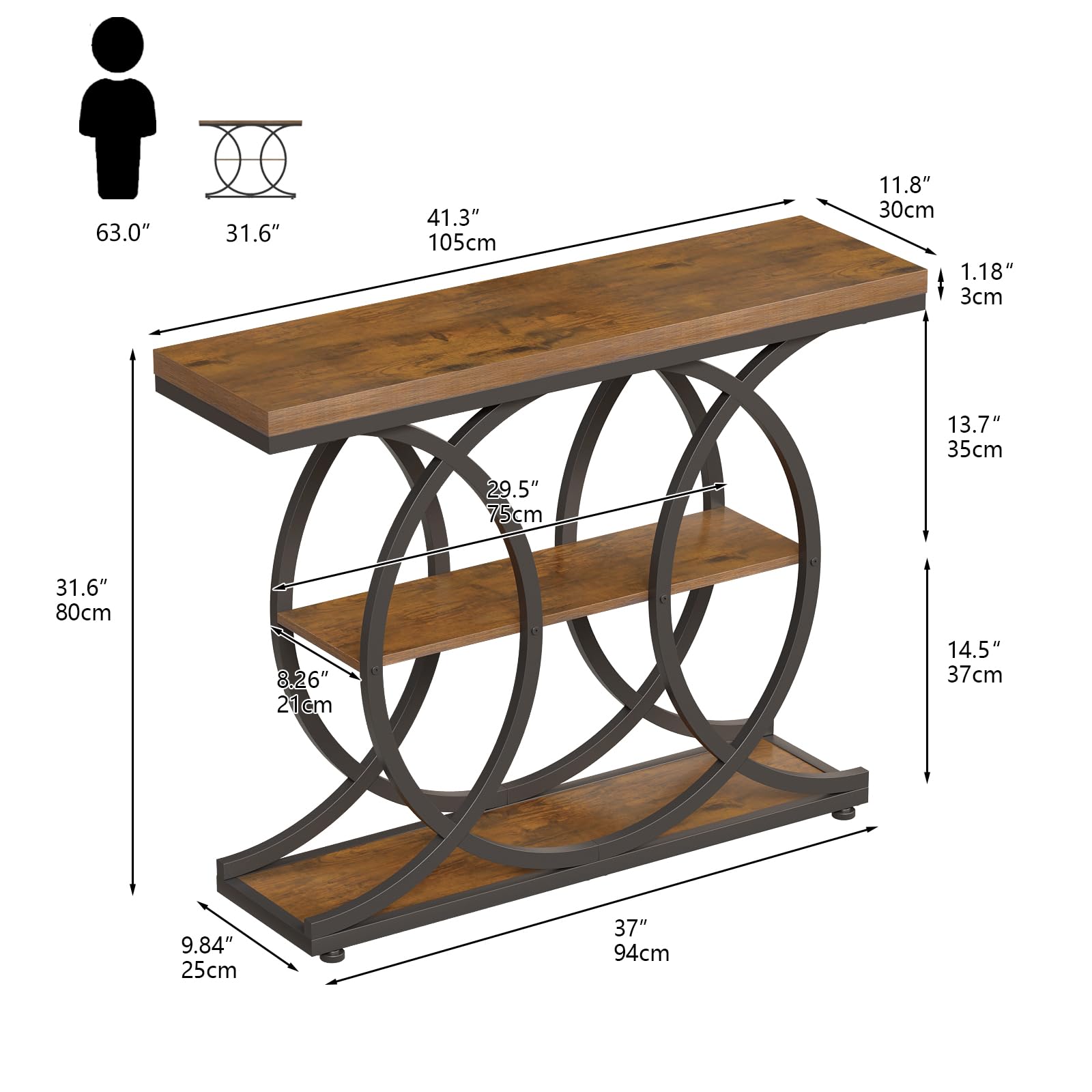 Tohomeor Tavolo consolle stretto per corridoio 105x30, Tavolo da divano industriale a 3 ripiani con base rotonda, Tavolo d'accento in legno con ripiani portaoggetti per soggiorno, corridoio, zona