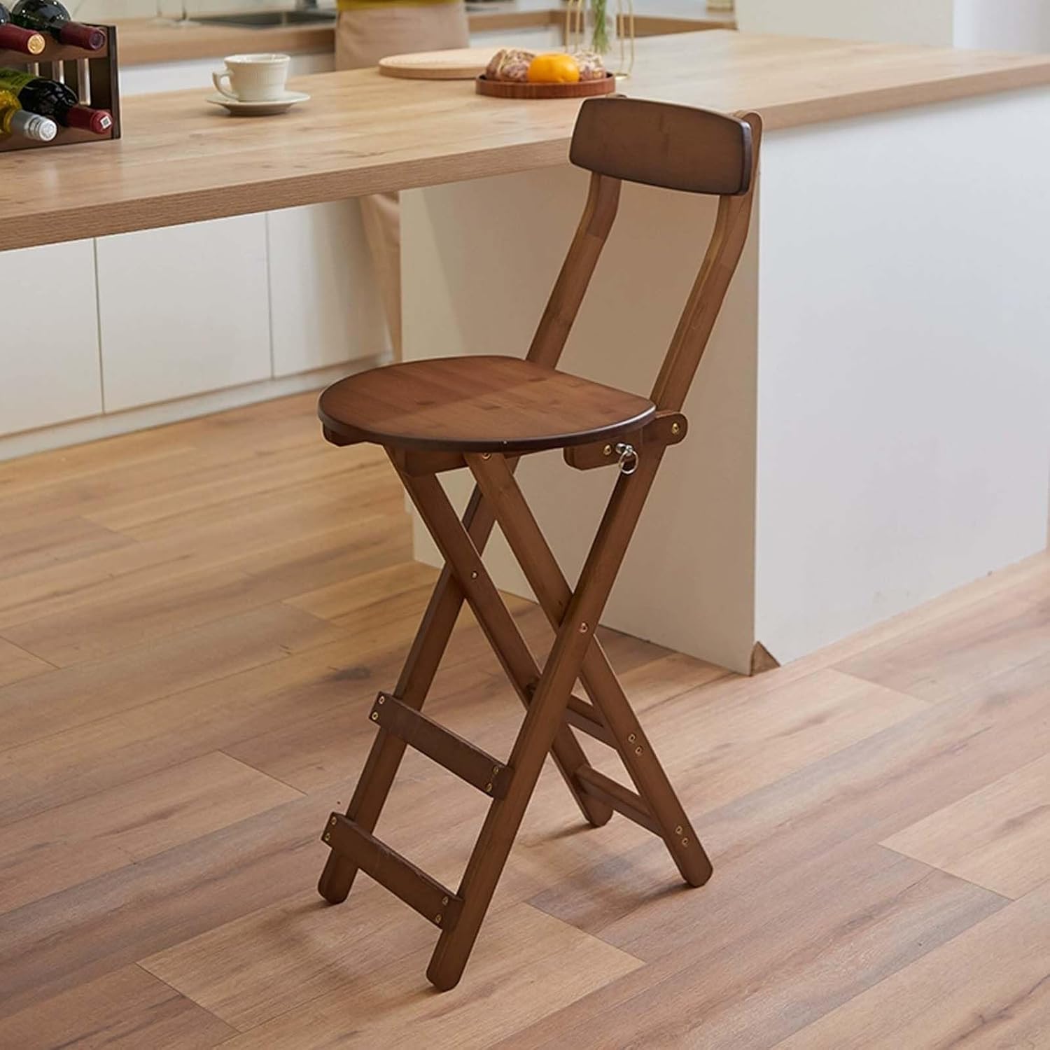 Folding Bamboo Stool with Back Tall Foldable Chair 27.1 Inch Height Stools for Adult Up to 220lbs Fold Kitchen Living Room Shop Cafe Breakfast（No Assembly(Teal) (Teal One Size)