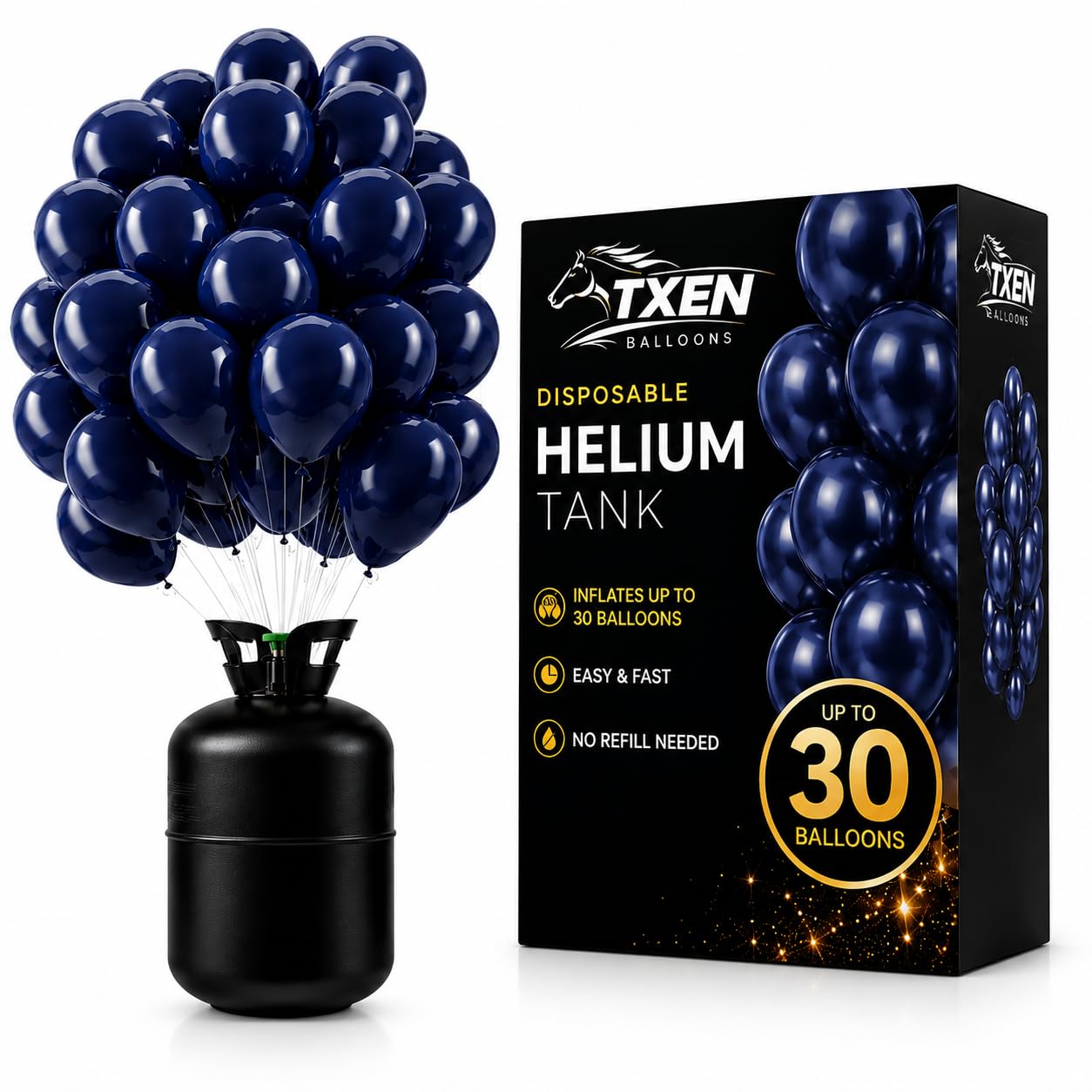 TXEN Disposable Helium Tank 7L, Portable Balloon Helium Cylinder, Fills Up to 30 Latex Balloons, Includes 50 Navy Blue Balloons and Ribbon, Easy, Fast, No Refill, Party Ready