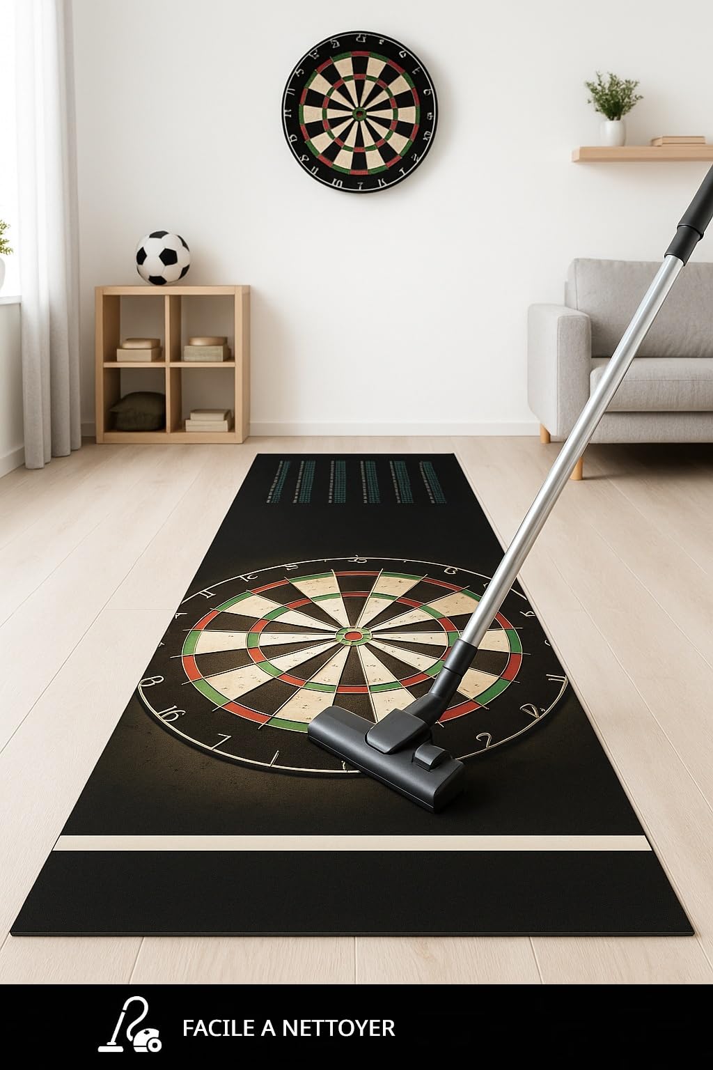 Studio M - Tapis de fléchettes avec Oche 57x270 cm – pour fléchettes en Acier – avec Ligne de Lancer, à partir de 237 cm - avec Tableau de Checkout – antidérapant – Noir