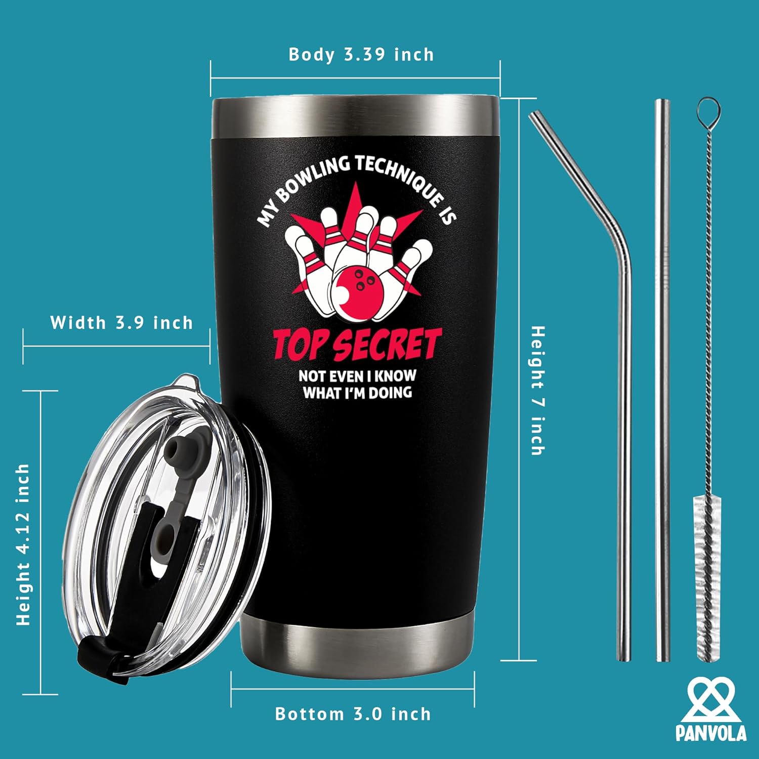 My Bowling Technique Is Top Secret Bowling Gifts for Men Women Coach Balls and Pins Funny Sports Player Dad Boyfriend From Wife Girlfriend Vacuum Insulated Tumbler with Lid and Straw 20 oz Black - Image 5