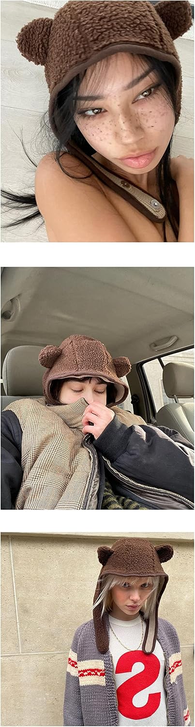 Pooyikoi Cute Little Bear Safety Helmet Polar Fleece Magnetic Buckle Y2K Men's and Women's Ear-Protection Lei Feng hat