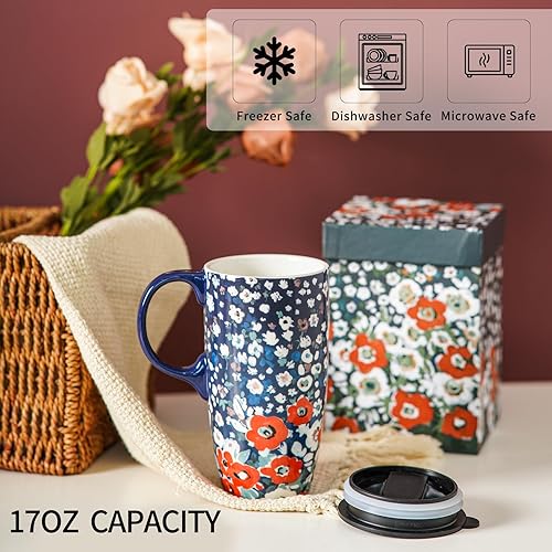 Miniatura 4 de Topadorn Taza de café de cerámica para regalo con tapa de 17 onzas, taza de té alta de porcelana con asa para el hogar y la oficina, taza