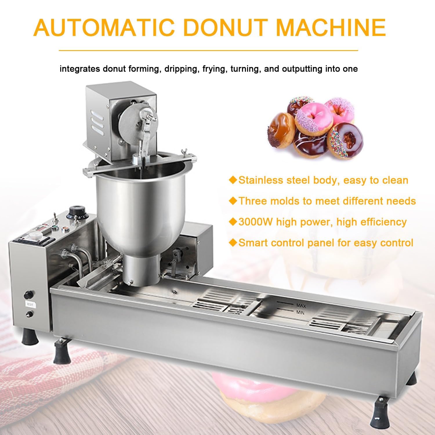 Máquina automática para hacer donas, fila única con moldes de anillo, tolva de 7 litros y sistema de freír, gran capacidad para panadería y carrito de alimentos