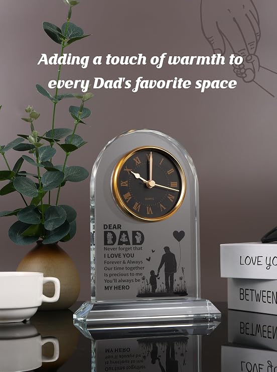 Dad Glass Clock Gift from Daughter or Son, Unique Birthday, Christmas, Dad Valentines Gifts from Girl, Elegant Desk Clock with Base for Dads Who Have Everything