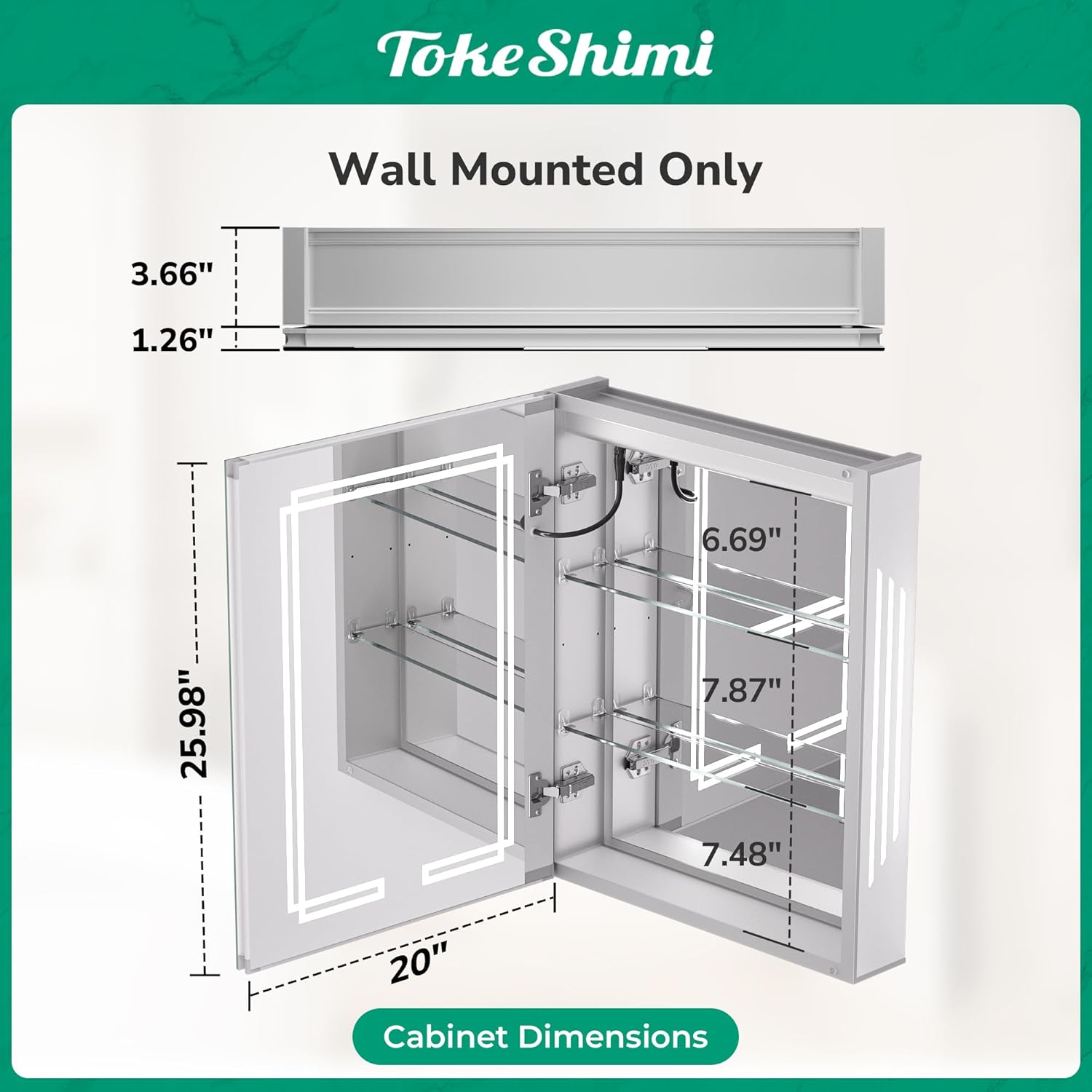 TokeShimi 20x26 Inch LED Medicine Cabinet with Lighted Mirror, 3 Color Stepless Dimming Bathroom Cabinet with Defogger Tempered, CRI 80+, Anti-Fog, Memory Funtion, Wall Lit Mirror with Storage