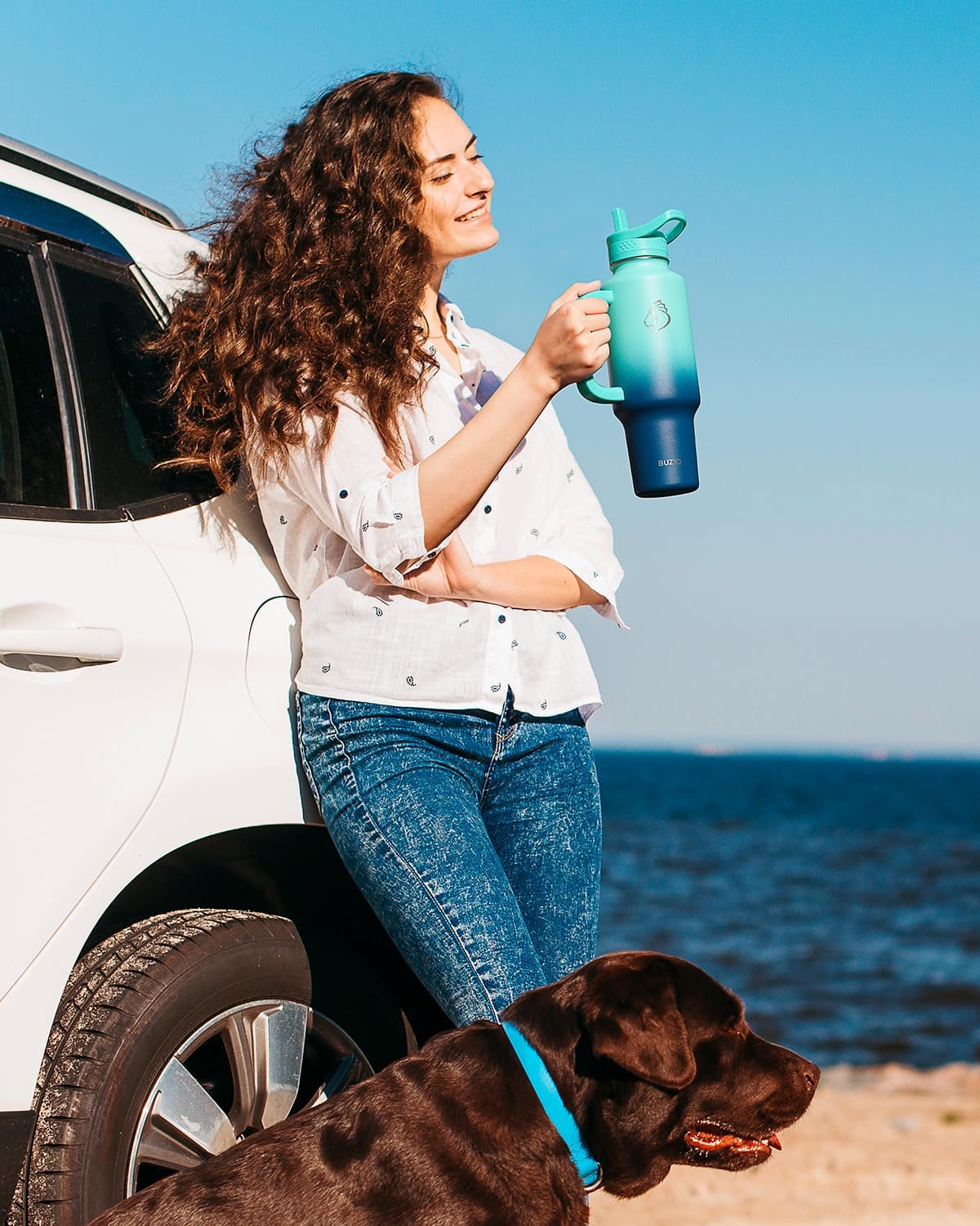 BUZIO Stainless Steel Water Bottle Fits in Cup Holder with Straw Spout Lid, 40 oz Insulated Tumbler with Handle, Double Wall Travel Mug Keep Cold 48hrs Hot 24hrs, Caribbean Blue - Image 7