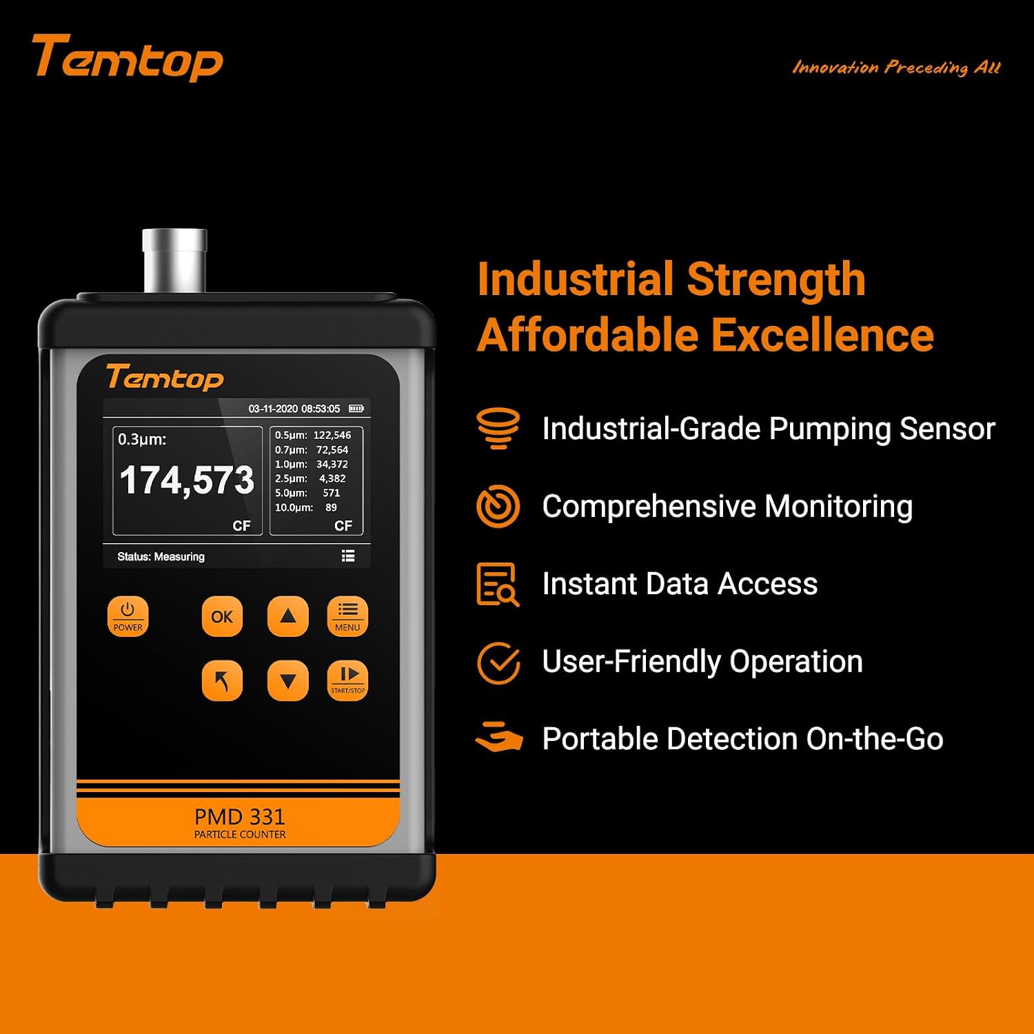 Temtop PMD331 Professional Particle Counter, 7-Channel Handheld Laser Dust Monitor (0.3-10μm), ISO 21501-4 Certified for Cleanroom, Laboratory & HVAC, 2M+ Data Logger with RS485 Modbus