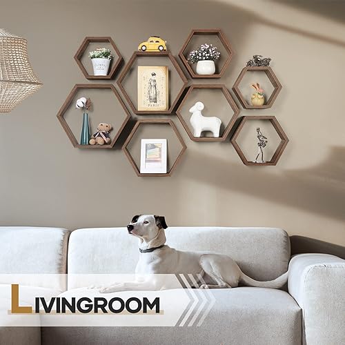 Miniatura 2 de SEHERTIWY Paquete de 8 estantes flotantes hexagonales, estante de pared de nido de abeja de madera marrón para casa y oficina