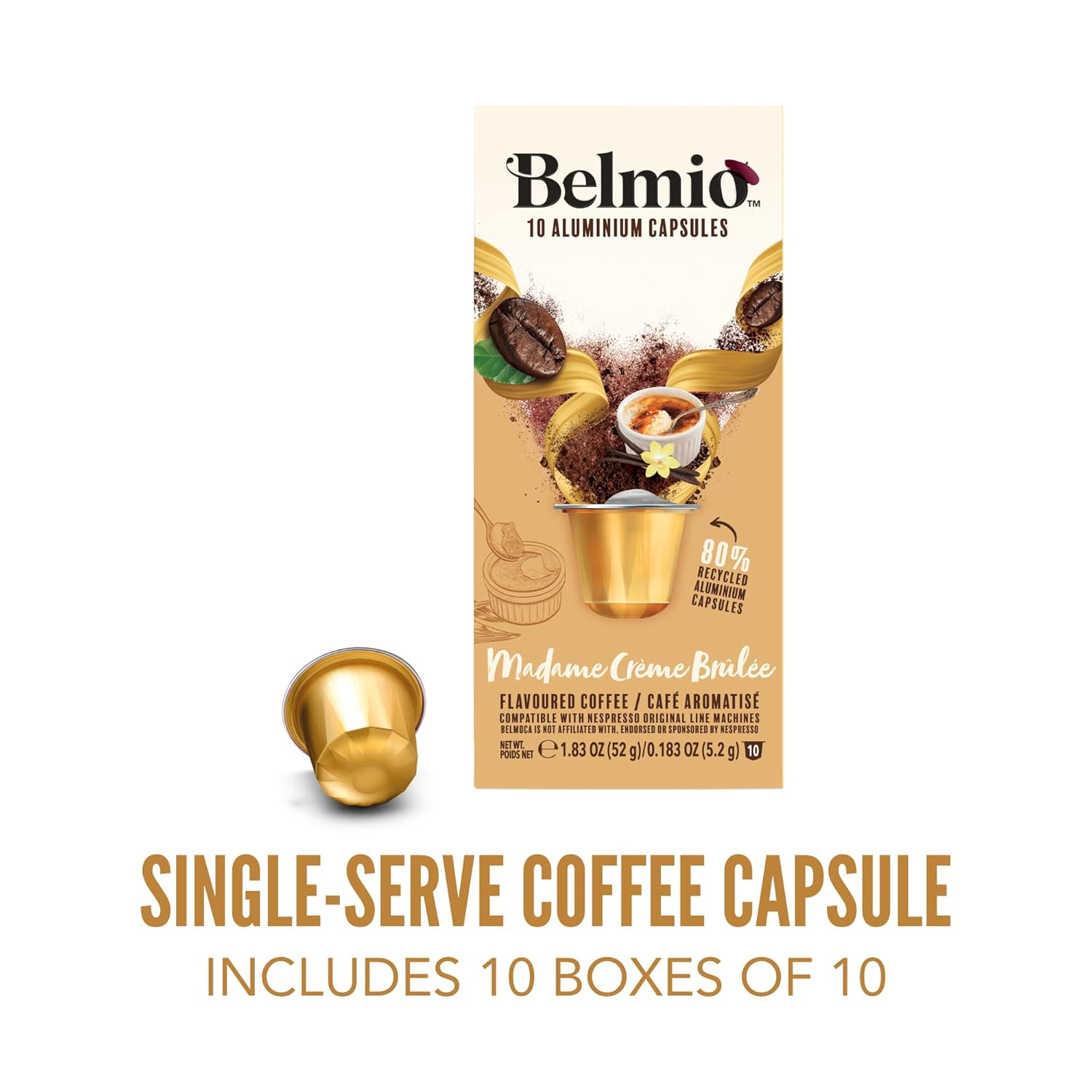 Belmio Madame Crème Brûlée Espresso Coffee Pods – Medium Roast – Creamy & Sweet - Nespresso Original Line Compatible – 10 Count (Pack of 10)