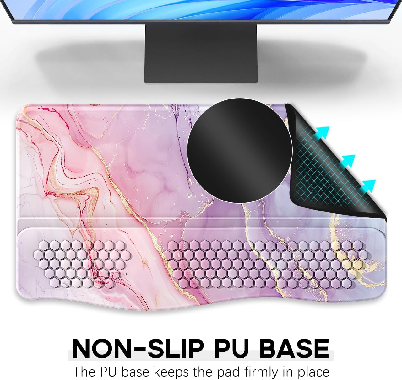 JIKIOU Keyboard Stand with Wrist Rest, Computer Keyboard Stand Pad with Non-Slip Base, Comfy Ergonomic Keyboard Riser Holder for Gaming Office Home 17.13x9.5 in Marble Pink