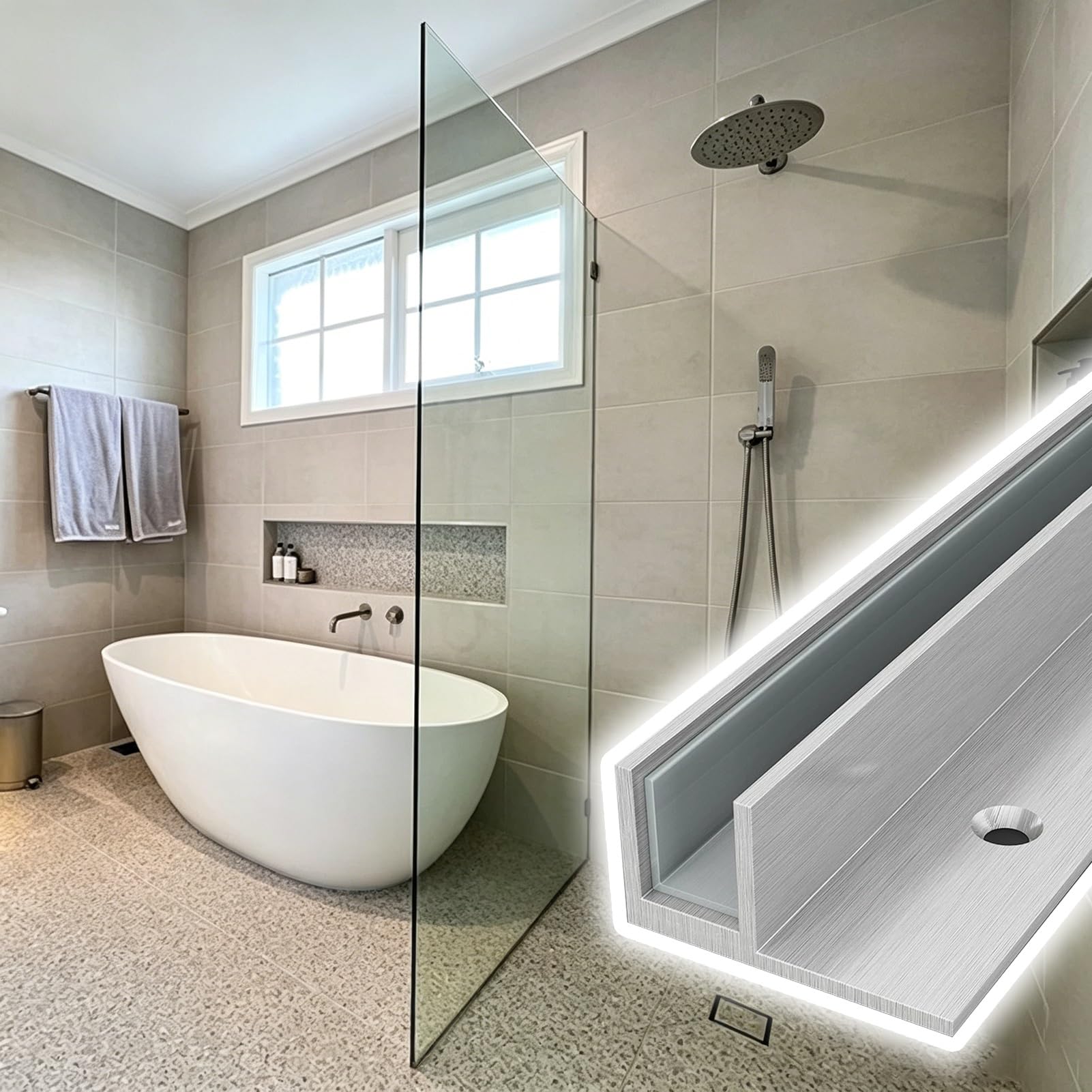 3/8" Stainless Steel F-Type Glass Channel, 24 36 39 48 60 63 in Recessed Fixed Shower Door Bottom Guide, Frameless Glass Partition Slot Retainer Trim(214cm(84in))