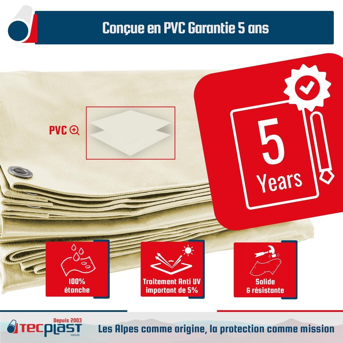 TECPLAST Toile Pergola Blanc Crème 3x5 m LP506PR - Garantie 5 Ans - Bâche Pergola ou Tonnelle étanche en PVC pour terrasse