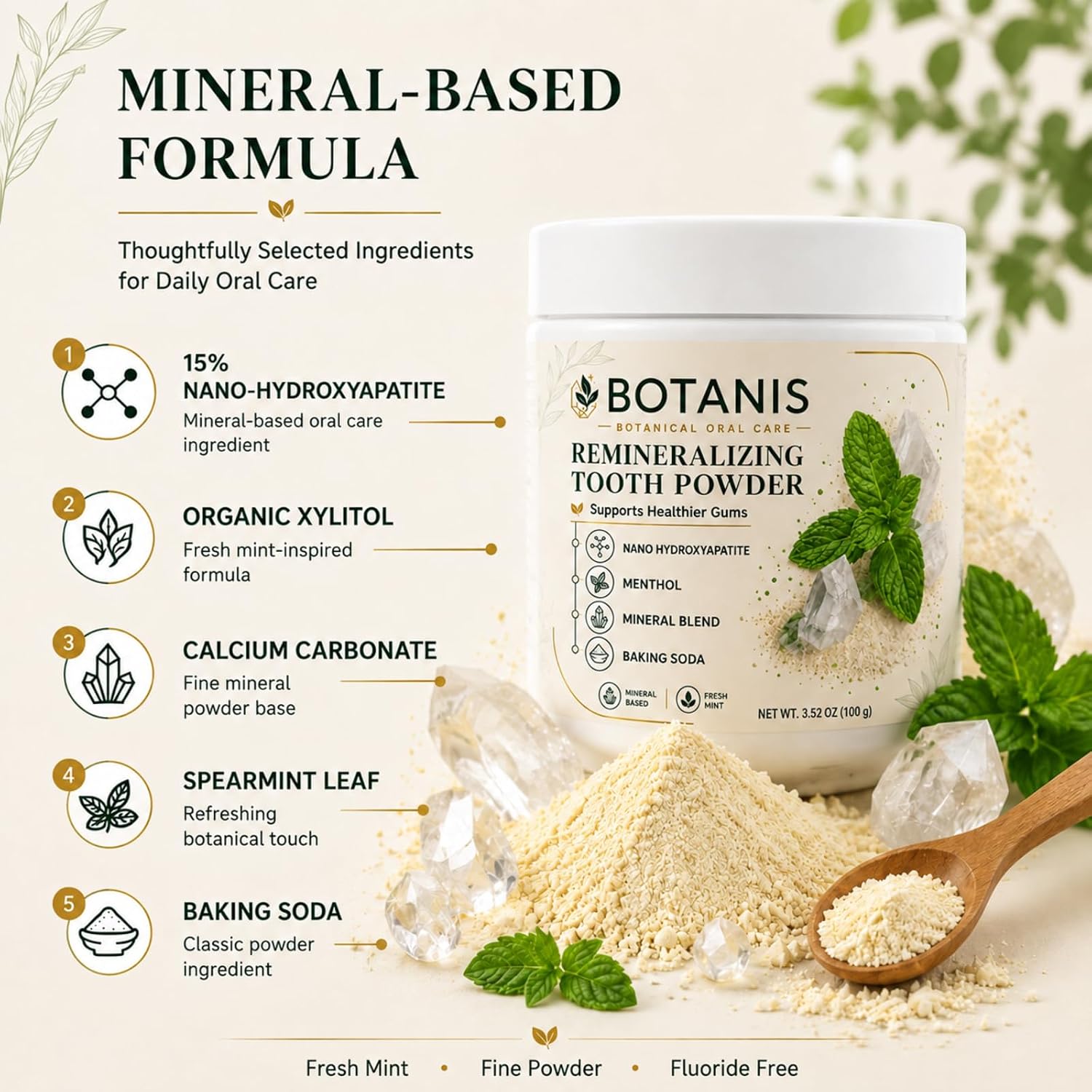 Botanis Remineralizing Tooth Powder, Fluoride Free with 15% Nano Hydroxyapatite, Xylitol, Spearmint Leaf & Calcium Carbonat, Supports Gum Health, Gently Cleans and Fresh Breath, 3.52 oz image 2