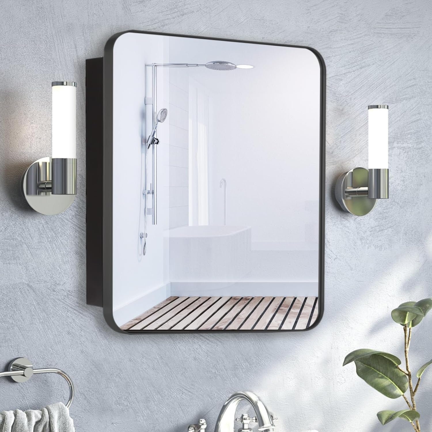 16’’x20’’ Medicine Cabinet,Metal Framed Medicine Cabinet Mirror with Round Corner,Recessed and Surface Mount Bathroom Mirror with Storage, Removeable Shelves,Dark Gray Frame