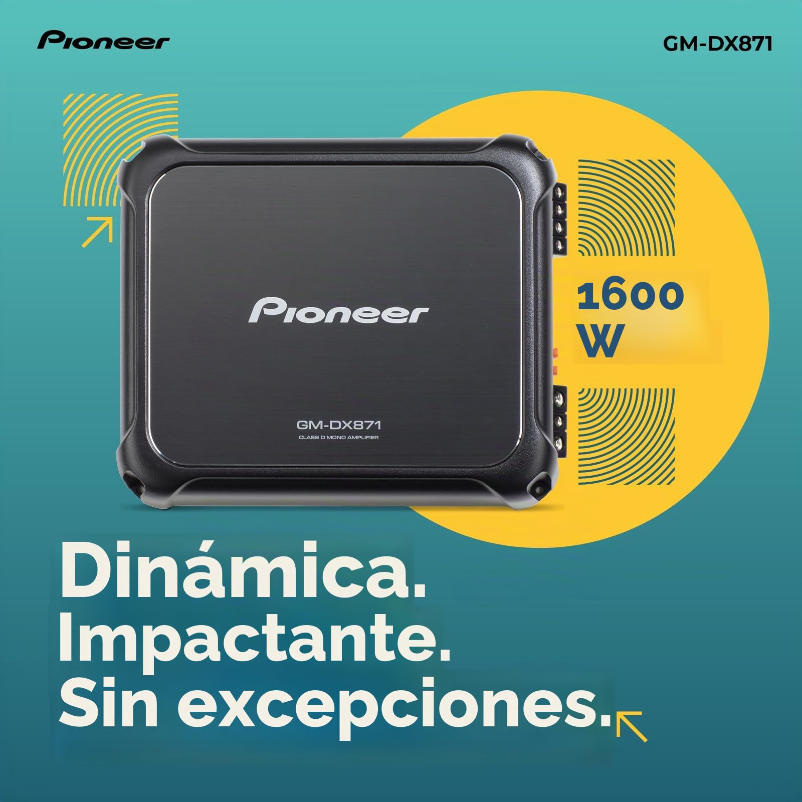 Pioneer GM-DX871 - Amplificador de potencia con 1.600 vatios, tecnología clase D, 1 canal, filtro de paso bajo variable, diseño compacto y control remoto de aumento de graves