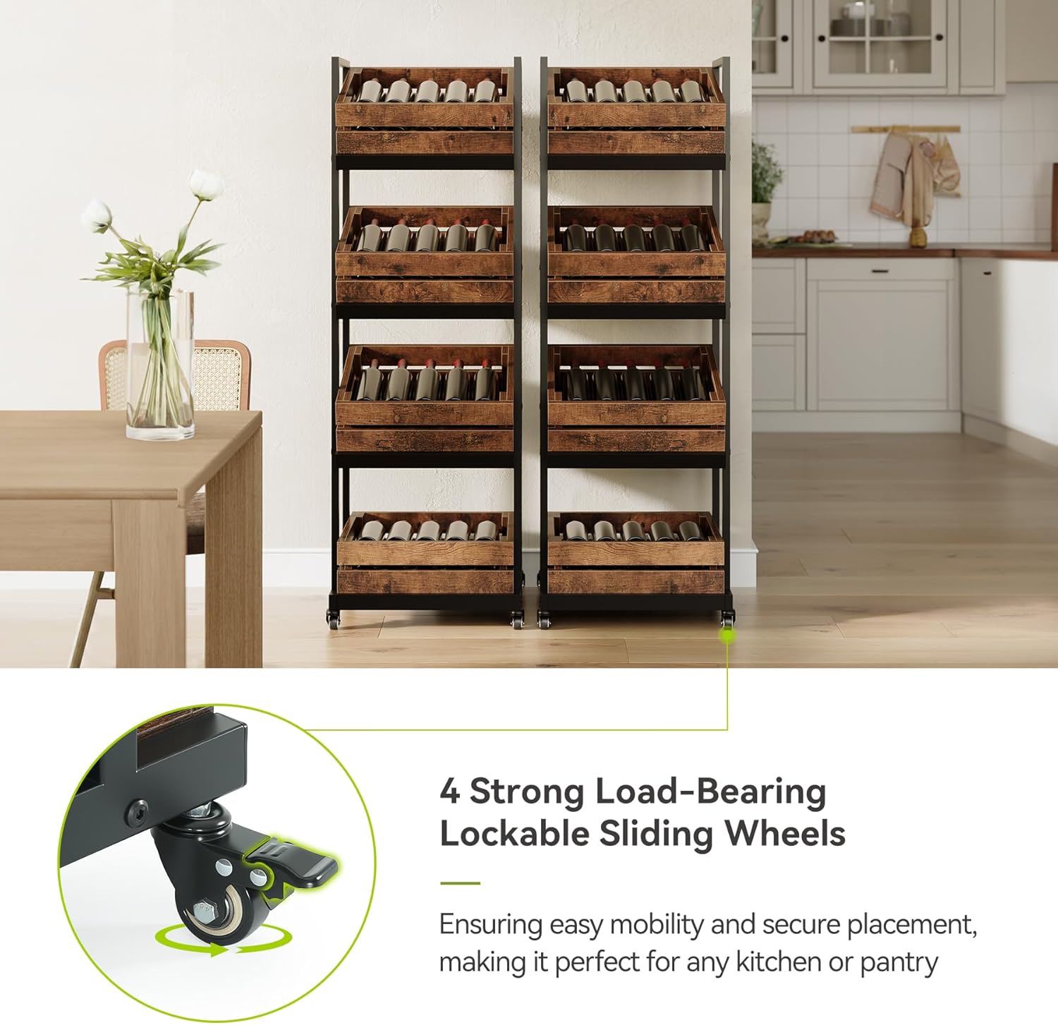 LITTLE TREE 4-Tier Wooden Kitchen Cart with Wheels, Mobile Fruit and Vegetable Storage, Utility Shelf, Organizer Rack for Pantry, Bedroom, Living Room (Brown) - Image 3