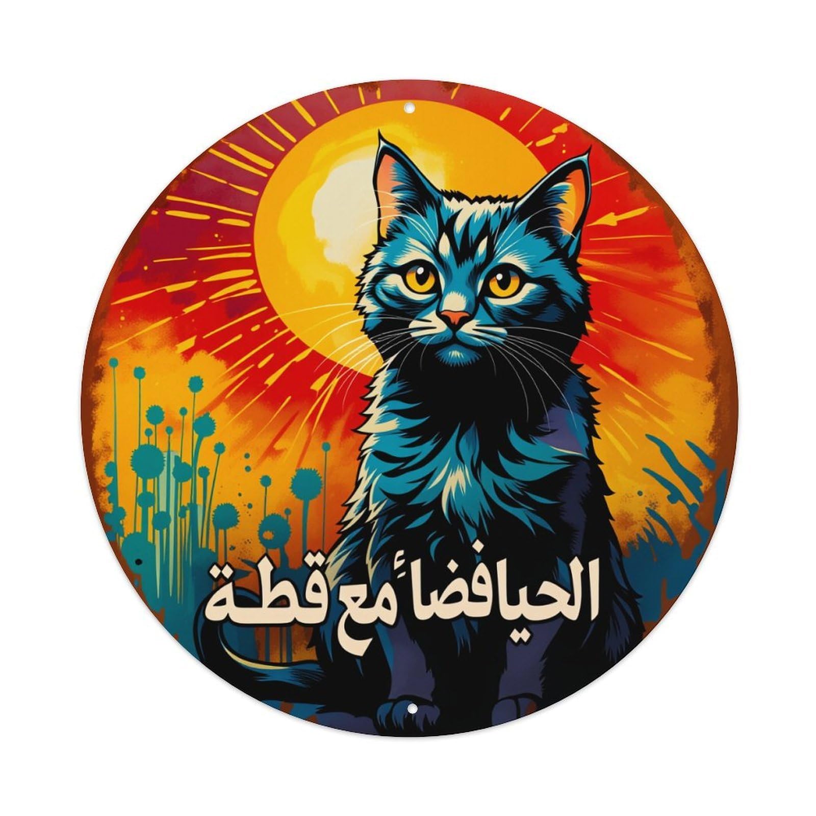 Blue Cat Sunburst Background Arabic Text Round Tin Sign Vintage Metal Poster Retro Bar, Home, Man Cave, Kitchen, Laundry Room Wall Art Decor Gift 8x8Inch
