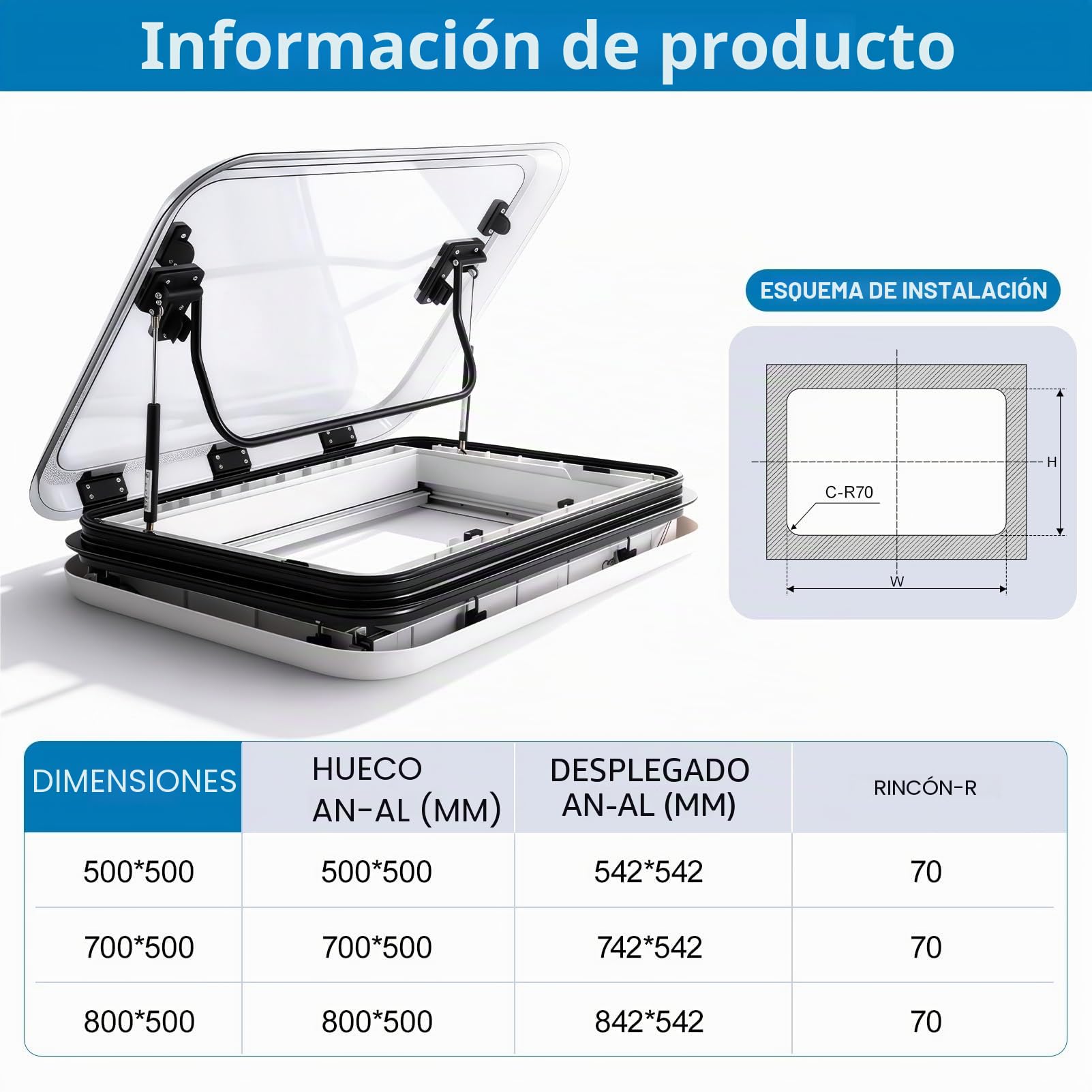 Hatch De Techo / Claraboya Para Autocaravana / Ventana Para Techo 50×50 / 80×50 Cm – Cortinas Oscurecedoras Y Mosquiteras Integradas, Iluminación LED 12v, Para Caravanas, Remolques, Barcos(80x50cm/31.