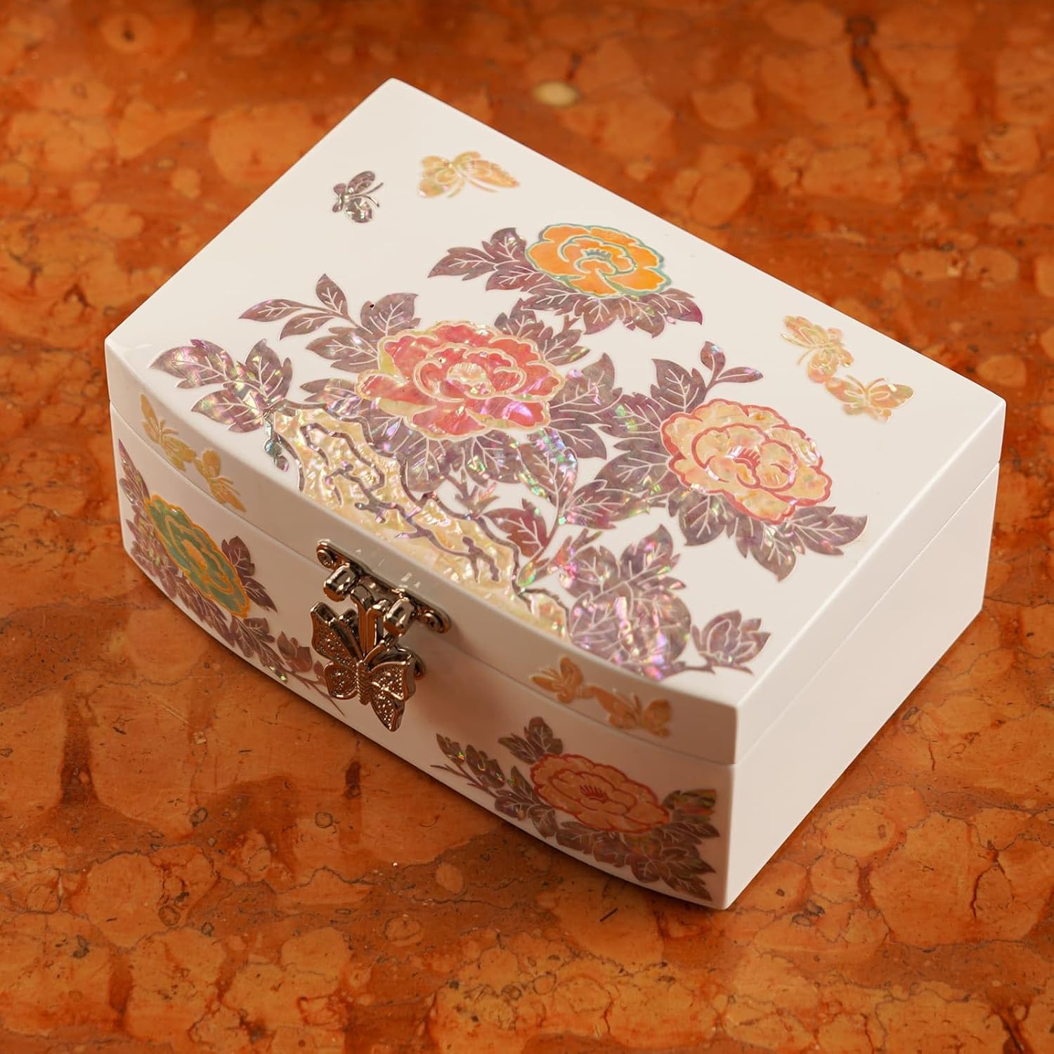 February Mountain Mother of Pearl Small Jewelry Box for Women Girl Wife Display for Earrings Bracelets Rings Watches Anniversary Birthday Christmas Gifts for Women (White_Flowers)