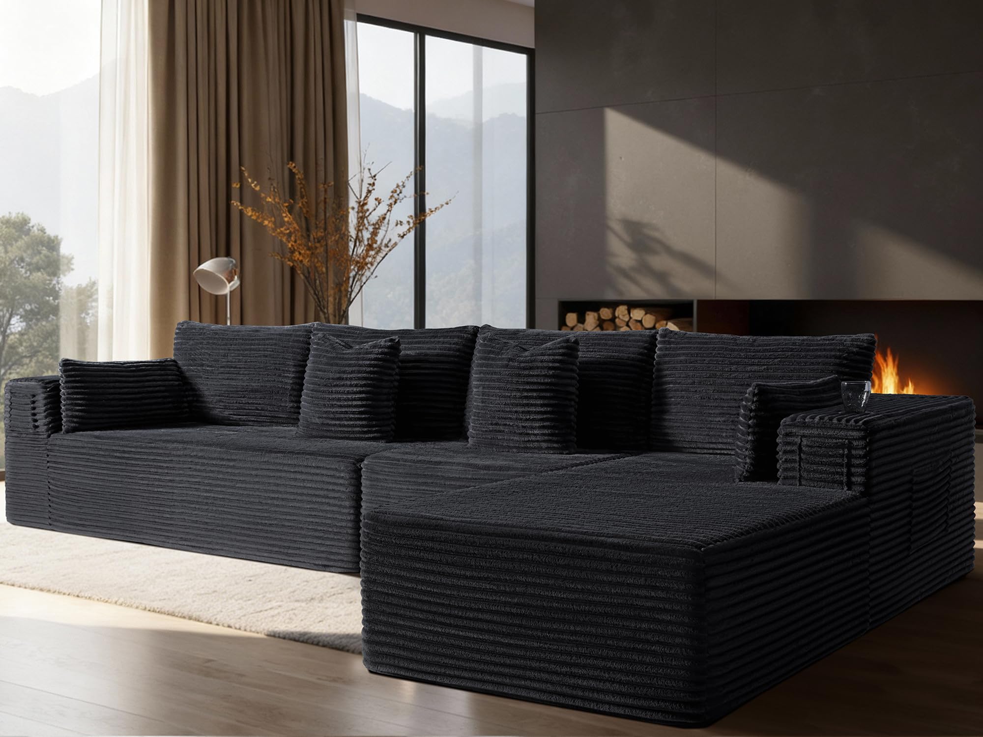 138" Cloud Sectional Couch, Comfort L Shaped Boneless Couch for Living Room, Extra Deep Seats No Assembly, Minimalist Modular Sofa, Corduroy (Black, 3 Seater+Right Facing Chaise)