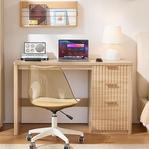 Miniatura 5 de Escritorio ejecutivo moderno acanalado de 48 pulgadas con armario de almacenamiento, escritorio de oficina en casa de madera natural con cajón de