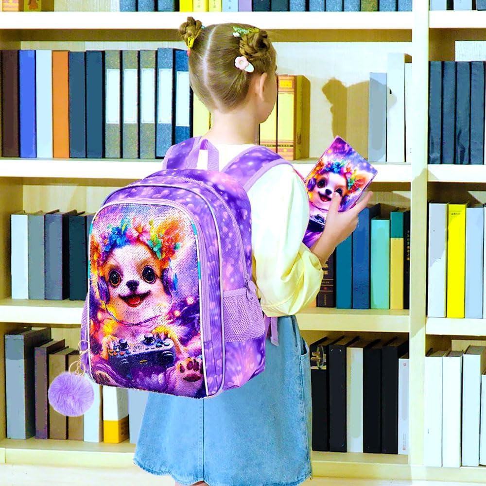 CCJPX 3Pcs Dog Backpack for Girls, 16" Kids Sequin Bookbag with Lunch Box, Cute Water Resistant Schoolbag for Preschool Kindergarten Toddler(Purple)