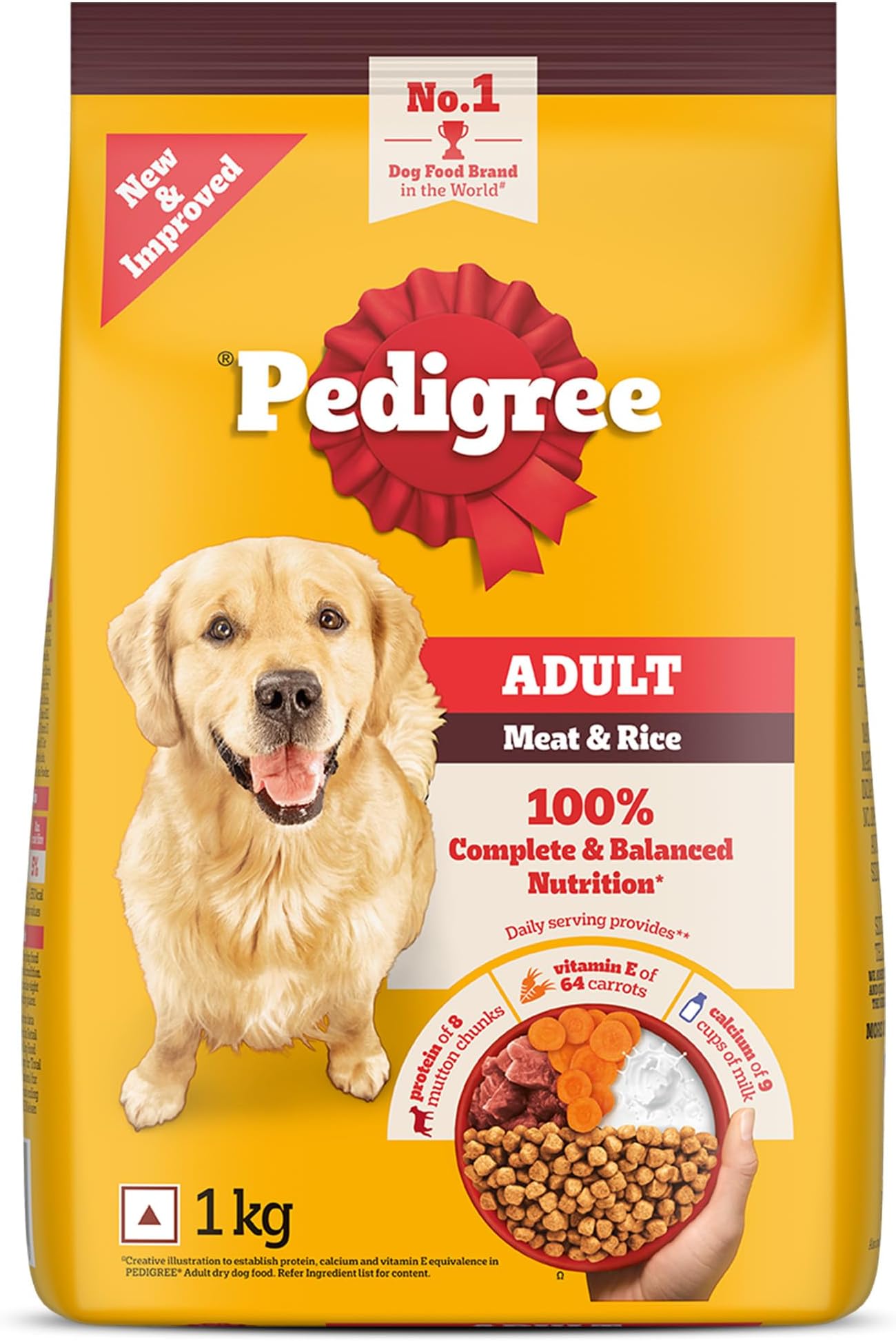 Pedigree Adult Dry Dog Food, Meat & Rice, 1 kg, Contains 37 Essential Nutrients, 100% Complete & Balanced Food for Adult Dogs